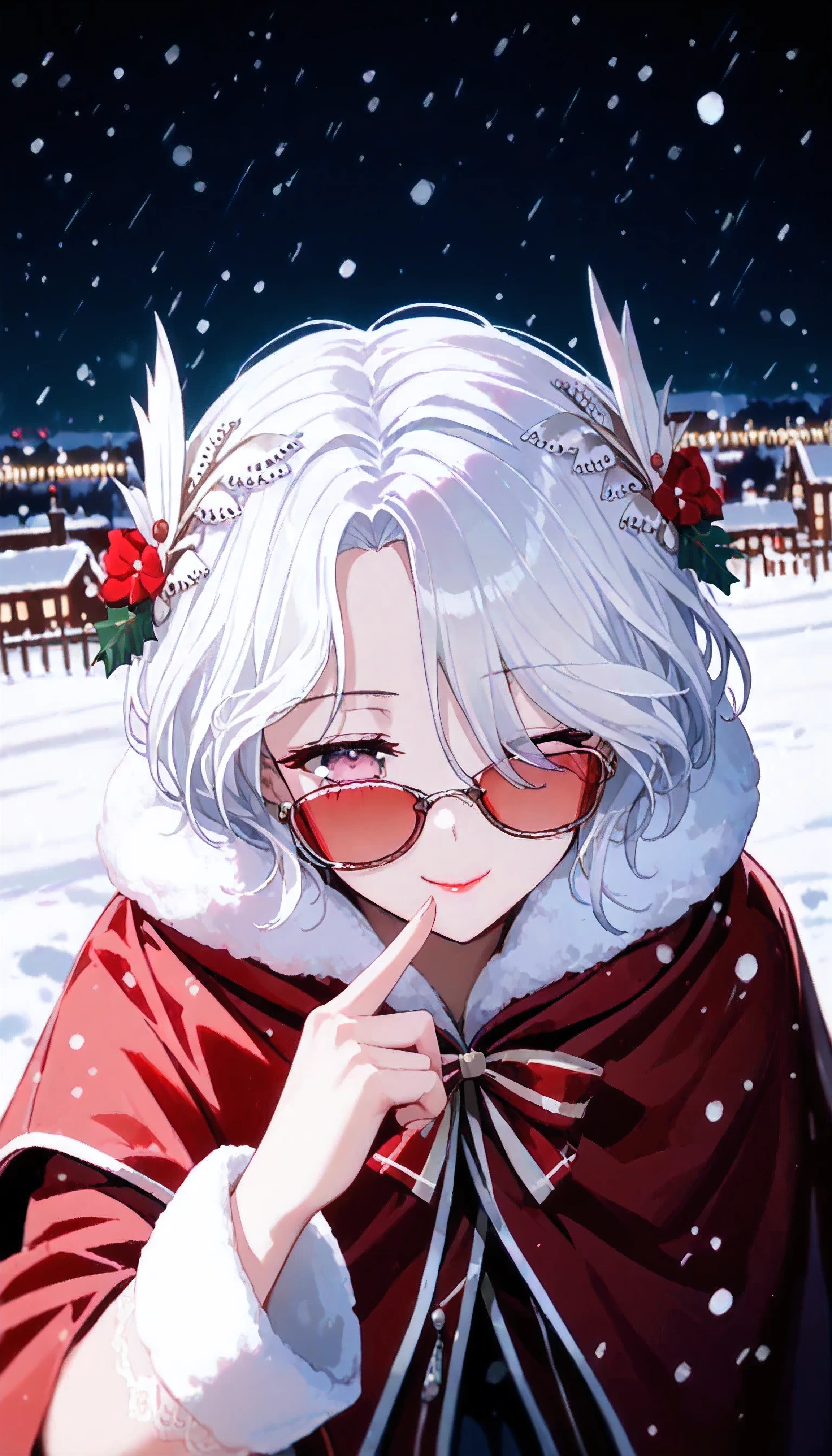 UN\(EOE\),one girl,solo,best quality, masterpiece, ,,break,1girl,(snowing,snow,winter,christmas themebokeh bakcground,from  above,leaning_forward,),break, incredibly_absurdres, ,very high resolution, very aesthetic,by famous artist, 8k, 16k,,beauty illustration,photoshop_(small),,(pink eyes:1.2,one closed eye),(white hair|Detailed hair|short hair|shiny hair|curtained hair|sidelocks|hair covered ears),(pink Women's velvet coat,large cloak,red sunglasses),POV,(sleepy, depressed,smile,jitome),dilated pupils, empty eyes,one mole under eye,tareme,hair strand, hair over one eye,evil smile, naughty face, red lips,(4-Finger Heart,)