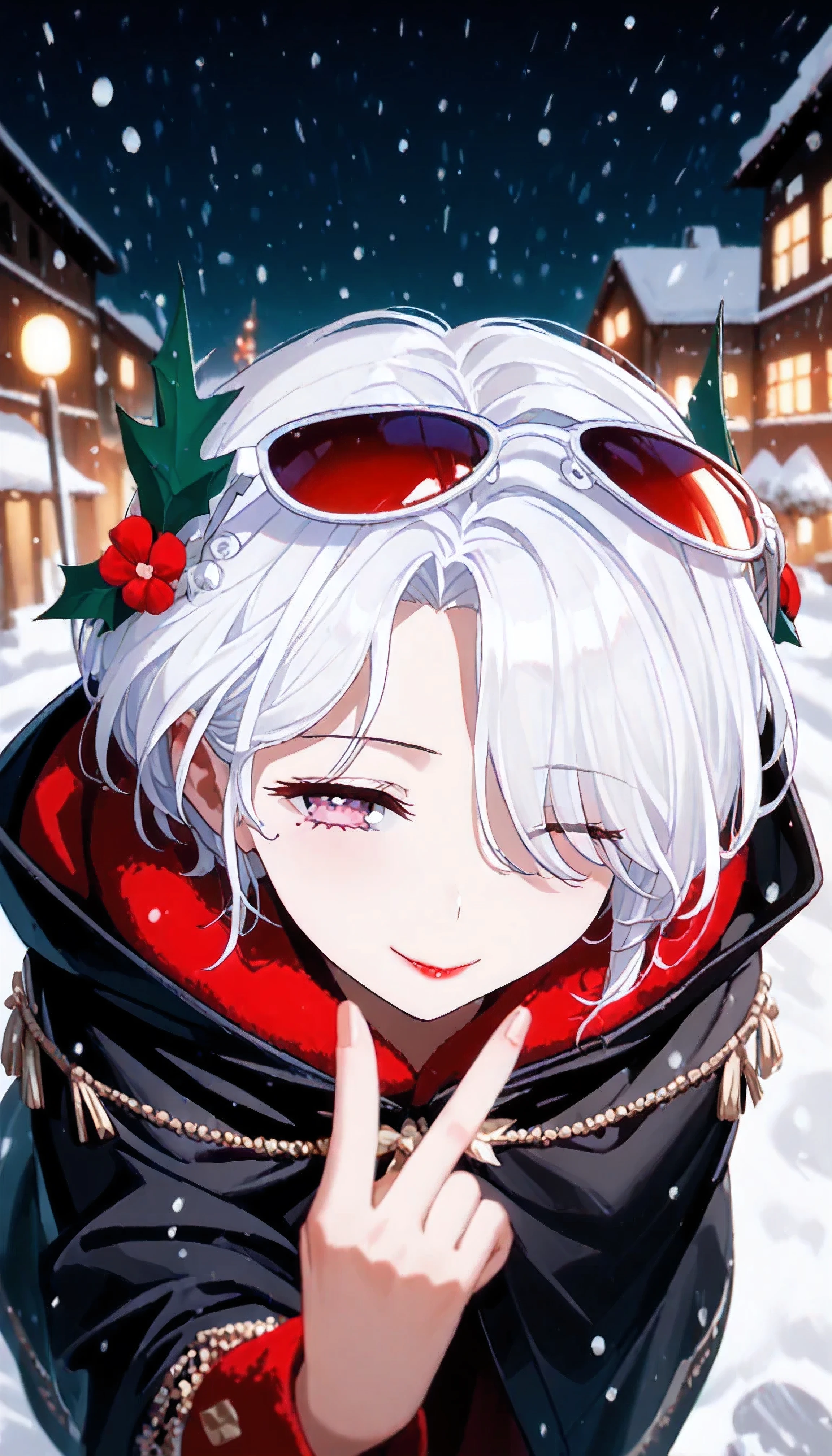 UN\(EOE\),one girl,solo,best quality, masterpiece, ,,break,1girl,(snowing,snow,winter,christmas themebokeh bakcground,from above,leaning_forward,),break, incredibly_absurdres, ,very high resolution, very aesthetic,by famous artist, 8k, 16k,,beauty illustration,photoshop_(small),,(pink eyes:1.2,one closed eye),(white hair|Detailed hair|short hair|shiny hair|curtained hair|sidelocks|hair covered ears),(black velvet coat,large cloak,red sunglasses),POV,(sleepy, depressed,smile,jitome),dilated pupils, empty eyes,one mole under eye,tareme,hair strand, hair over one eye,evil smile, naughty face, red lips,(4-Finger Heart,)
