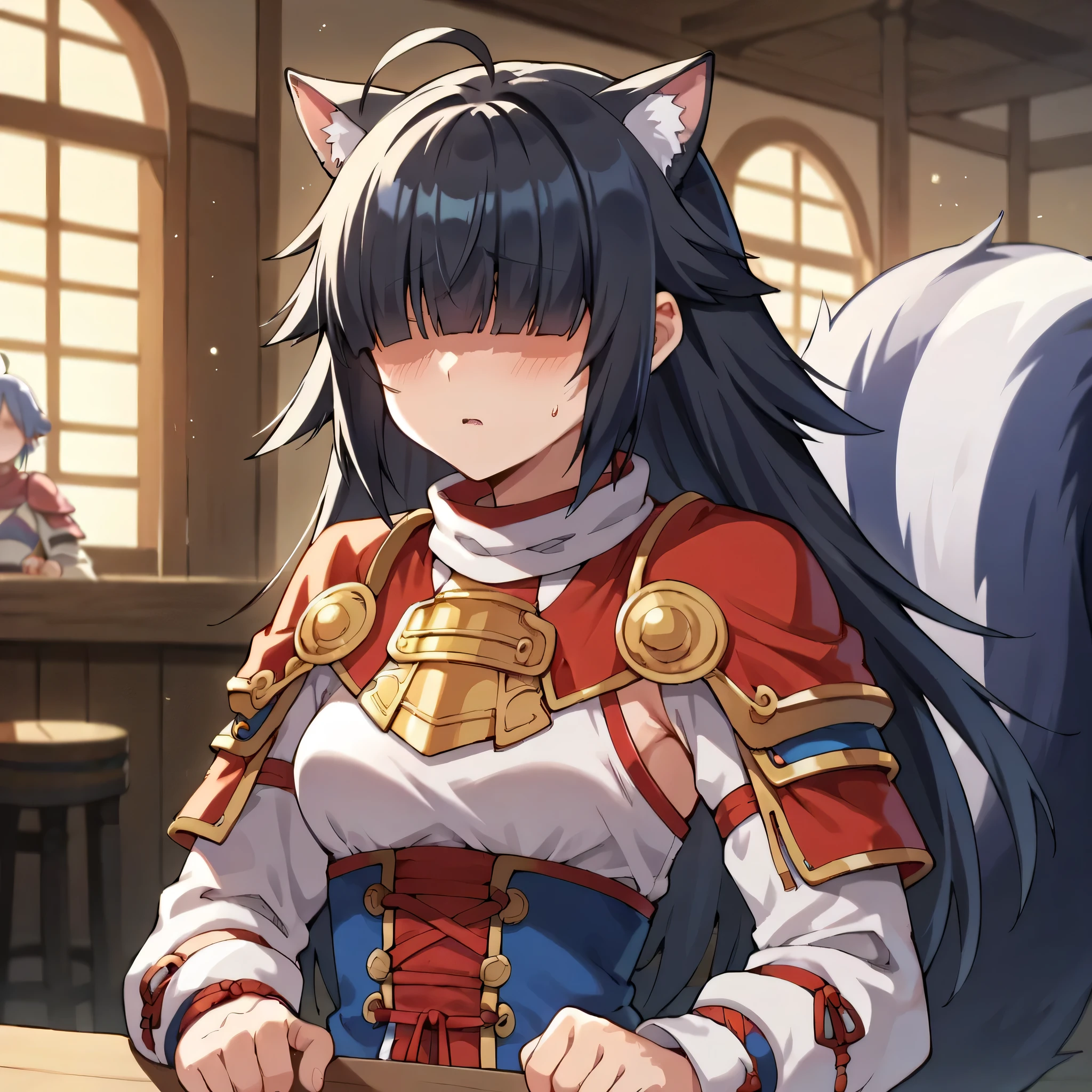 3girls, solo, masterpiece, anime, indoors,tavern, lighty armor, shoulder armor, black hair, long hair, fox ears down, skunk tail, ahoge, hair flaps, shy, hair over eyes, 1 girl, prietress outfit, red hair, 1 girl, sword fighter, blue hair