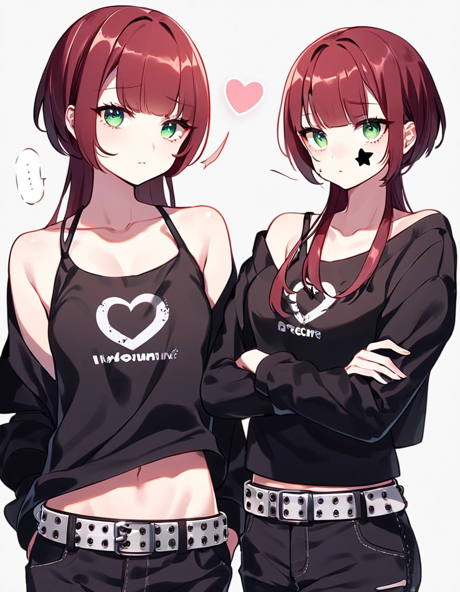 short, redheadwear, big hair that reaches the ass and straight, big brown eyes, big-ass, smallbreast, wearing very short shorts and a shirt that reaches the chest with Harl printed on it.