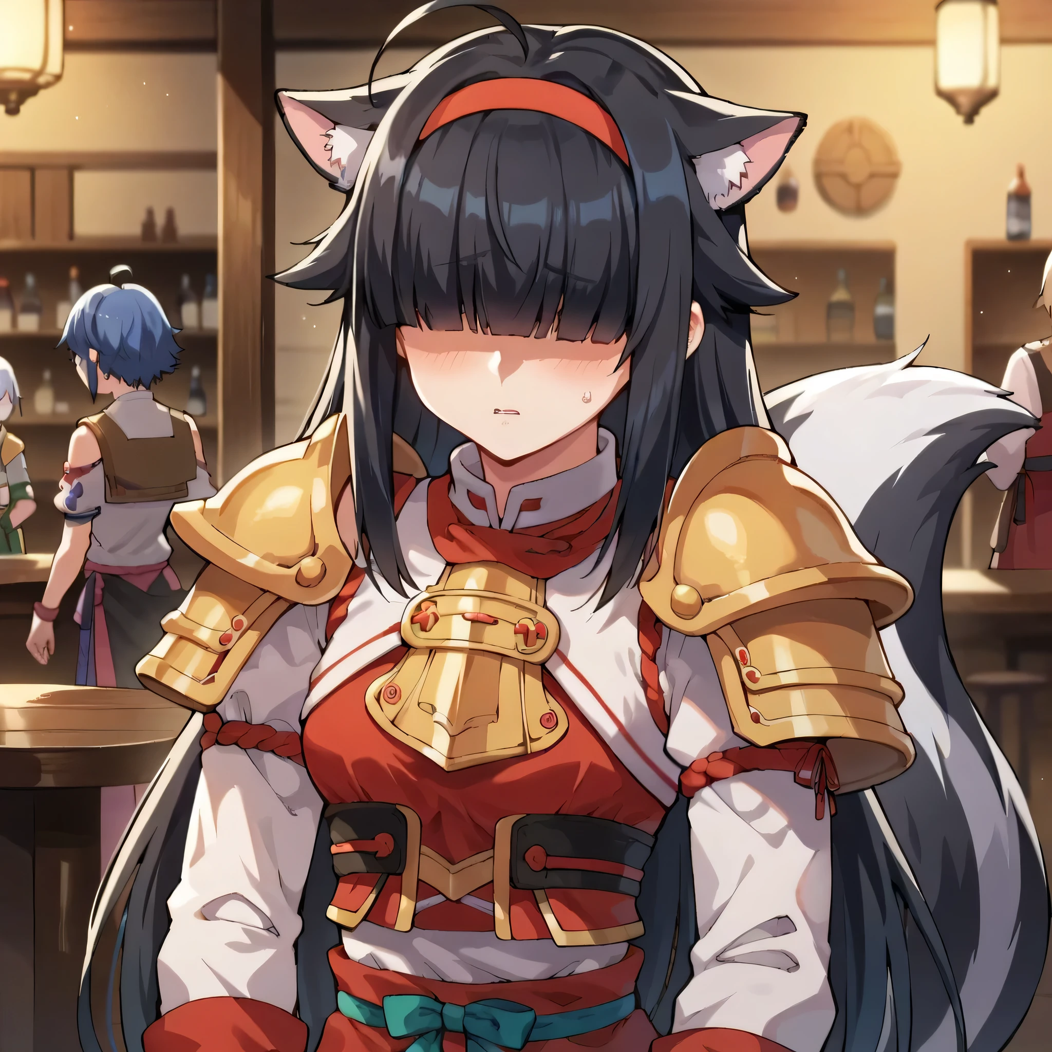 3girls, solo, masterpiece, anime, indoors,tavern, lighty armor, shoulder armor, black hair, long hair, fox ears down, skunk tail, ahoge, hair flaps, shy, hair over eyes, 1 girl, prietress outfit, red hair, 1 girl, sword fighter, blue hair