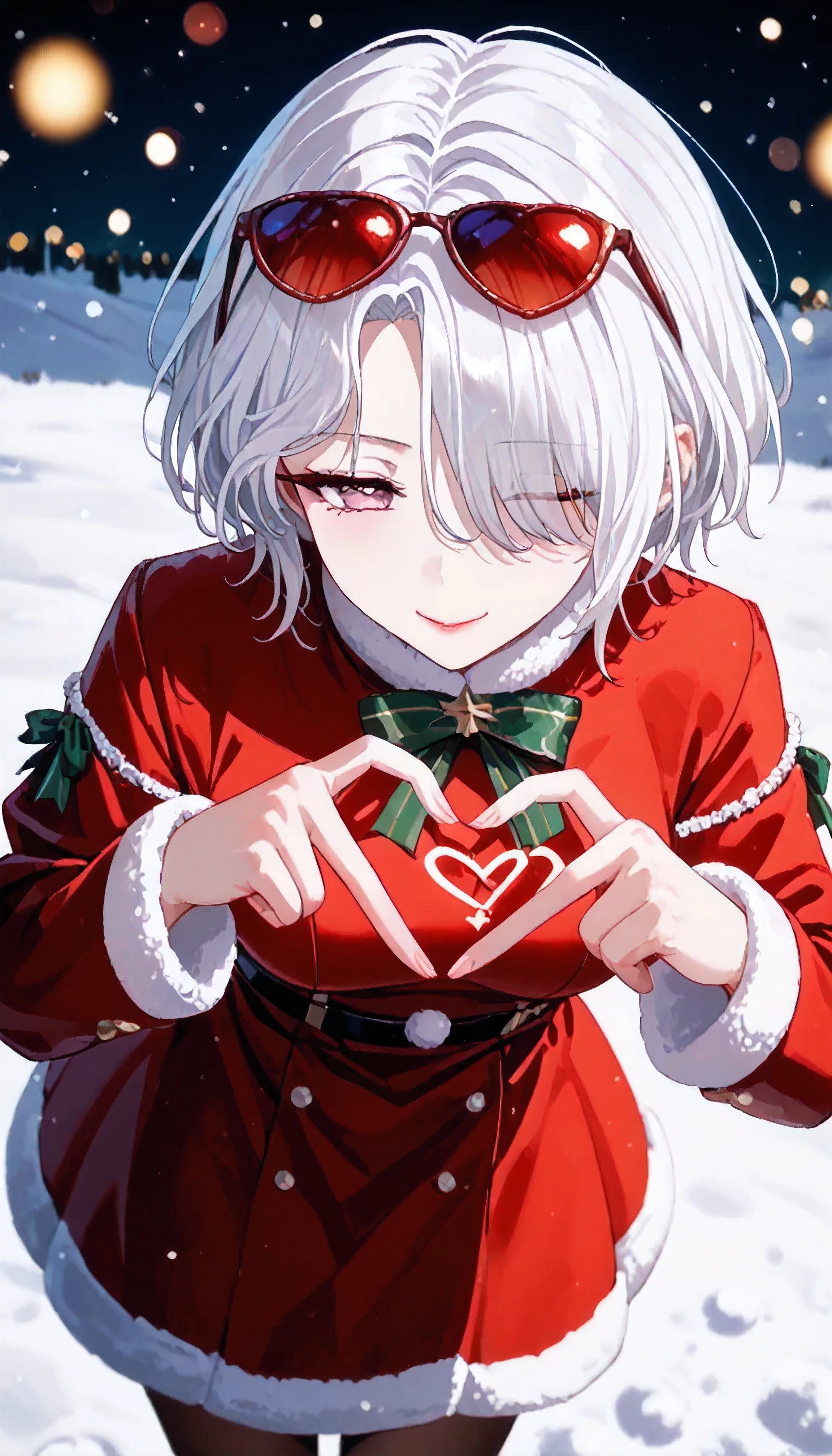 UN\(EOE\),one girl,solo,best quality, masterpiece, ,,break,1girl,(snow,winter,christmas theme,standing,bokeh bakcground,from  above,leaning_forward,),break, incredibly_absurdres, ,very high resolution, very aesthetic,by famous artist, 8k, 16k,,beauty illustration,photoshop_(small),,(pink eyes:1.2,one closed eye),(white hair|Detailed hair|short hair|shiny hair|curtained hair|sidelocks|hair covered ears),(black velvet,top coat,red sunglasses),POV,(sleepy, depressed,smile,jitome),dilated pupils, empty eyes,one mole under eye,tareme,hair strand, hair over one eye,evil smile, naughty face, red lips,(heart fingers, heart hands,)