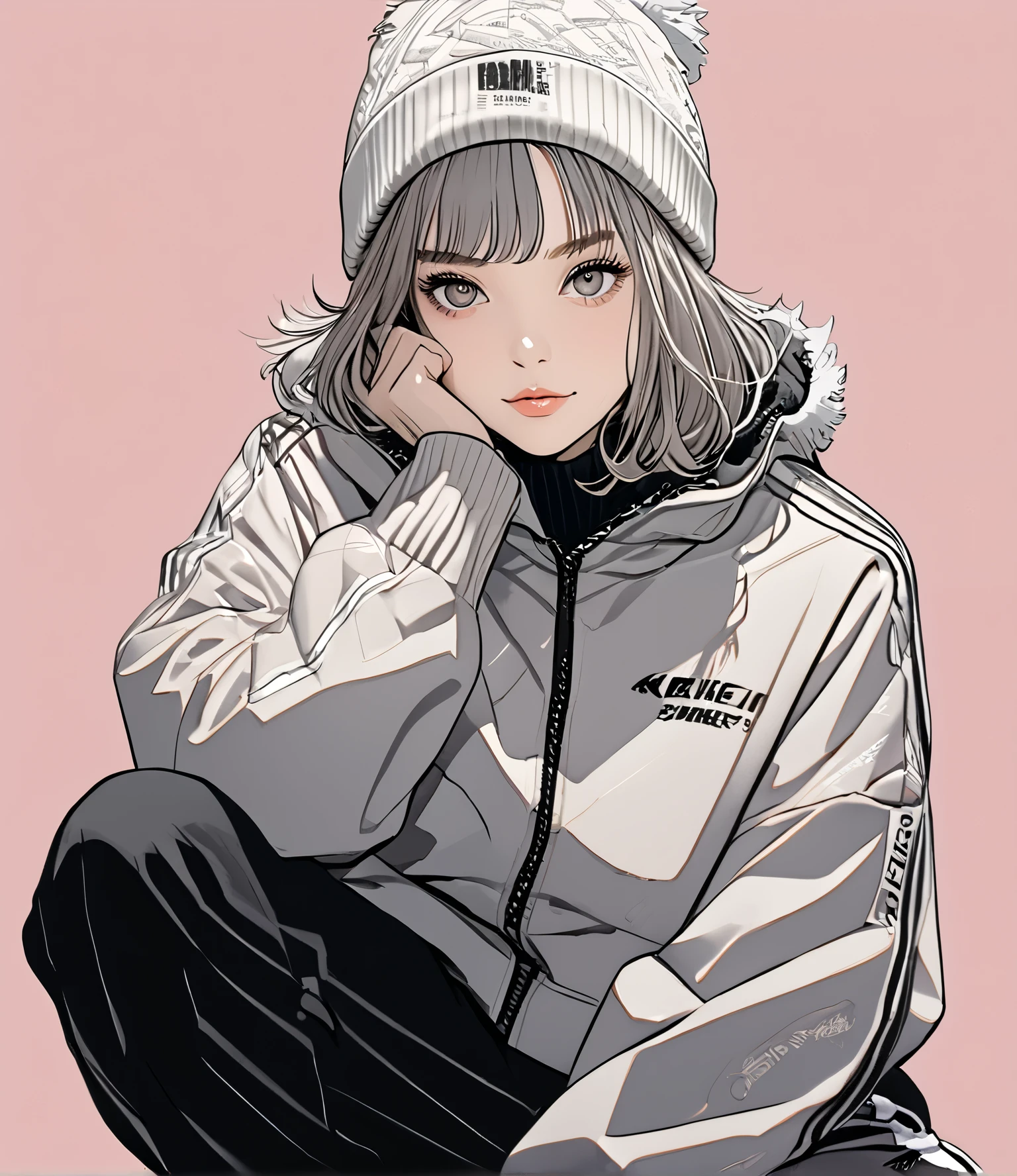 
((( Masterpiece)))、((     drawing 1girl     ))、(((8k)))、(sketch),(shadow)、(simple colored background),

(signature pose)、dynamic pose,Age 18、((drooping eyes)),(Wisteria:0.1),((dark gray eyes)), (medium shaggy hair style),((hair covering one eye))
,smile,sitting, looks away、View the depth of the writing


 ,winter Clothes 、black and pink and white high-technology sports blouson,white line black wide high-technology sports pants  、high-technology sneakers、beige knit cap,

(Top Quality I   )、((high detail eyes)) ,((high detailed face))  、  detail texture  、View the depth of the writing,  (raise eyebrows) ,  fuzzy expression , 