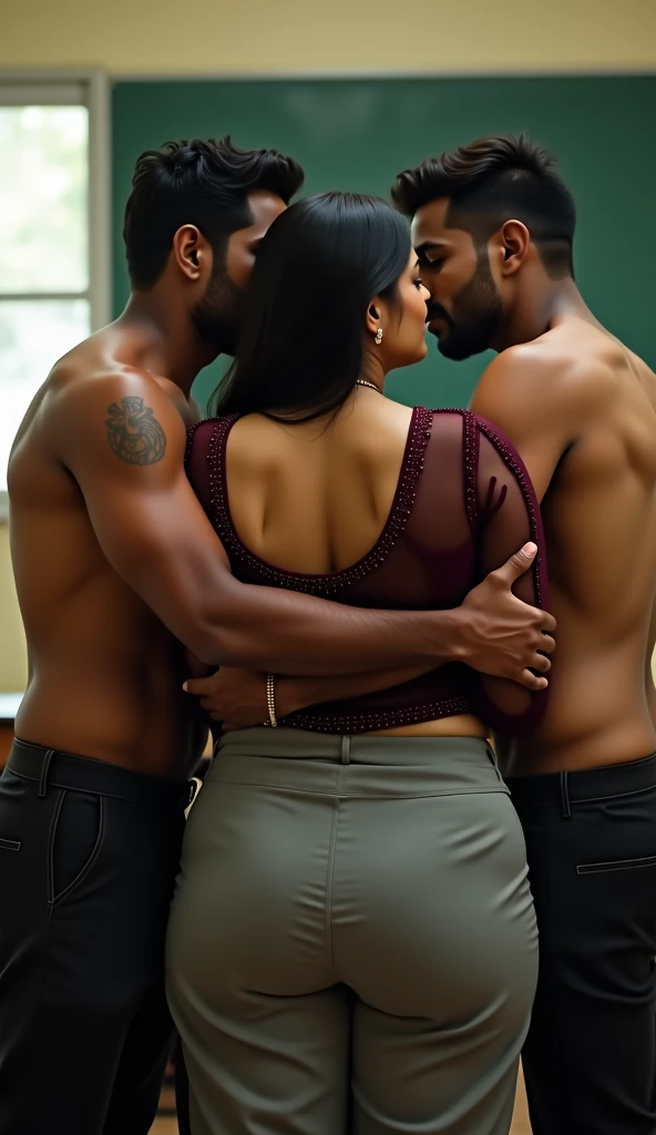 hot slim curvy white south indian milf with long single plaited hairstyle, big breast, big hip, very big ass, thick thighs, woman wearing crop top and leggings, bending over, sexy pose, group of black man standing back of woman, in white blank room, 