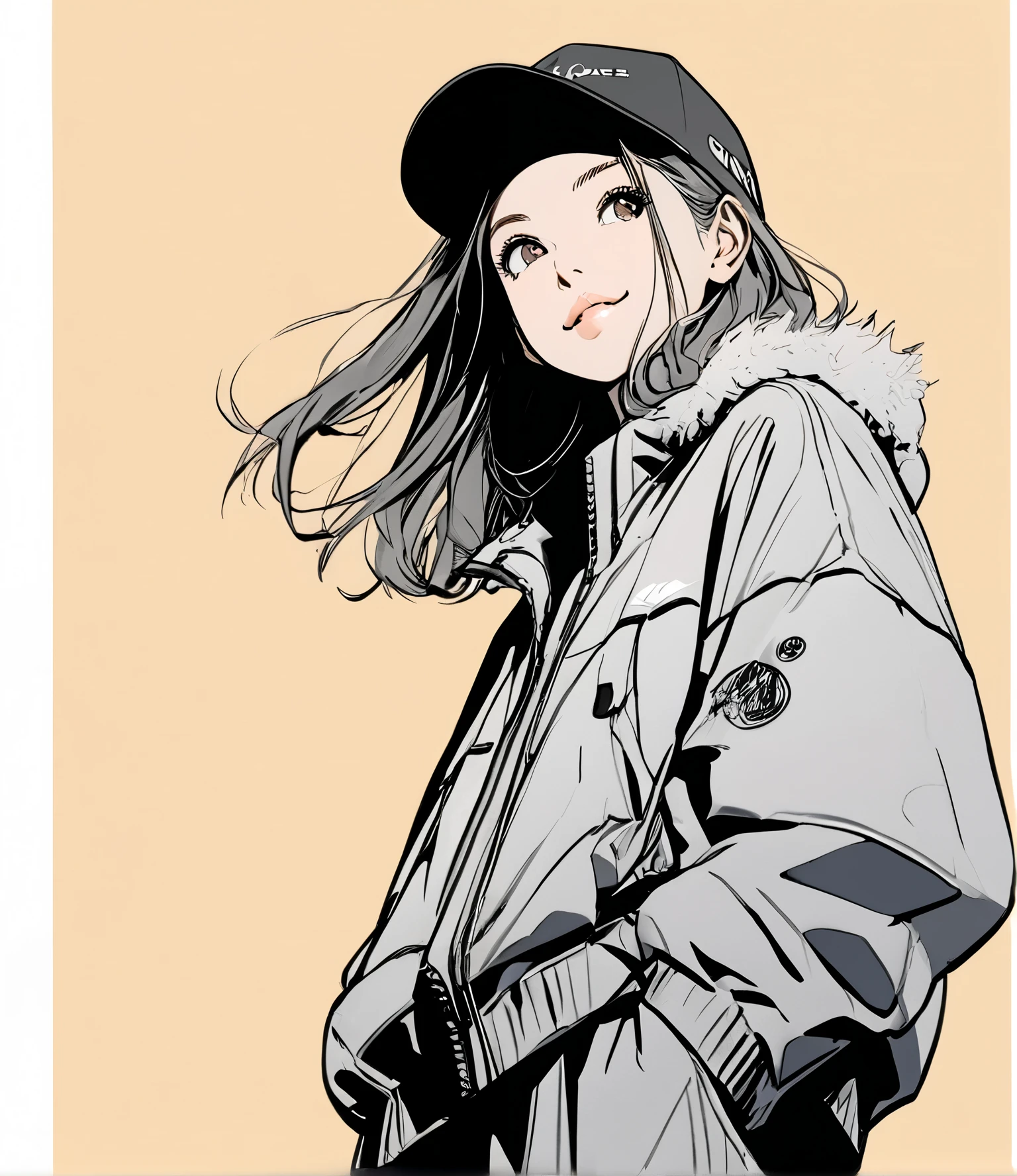 ((( Masterpiece)))、(( drawing 1girl ))、(((8k)))、(sketch),(shadow)、(simple colored background),
(signature pose)、dynamic pose,Age 18、((drooping eyes)),(Wisteria:0.1),dark gray eyes, hair style,hair covering one eye
,smile.from below, looks away、View the depth of the writing
,winter Clothes 、sports blouson,wide pants 、high-technology sneakers、street cap,
(Top Quality I )、 detailed face 、 detail texture 、View the depth of the writing, (raise eyebrows) , fuzzy expression ,