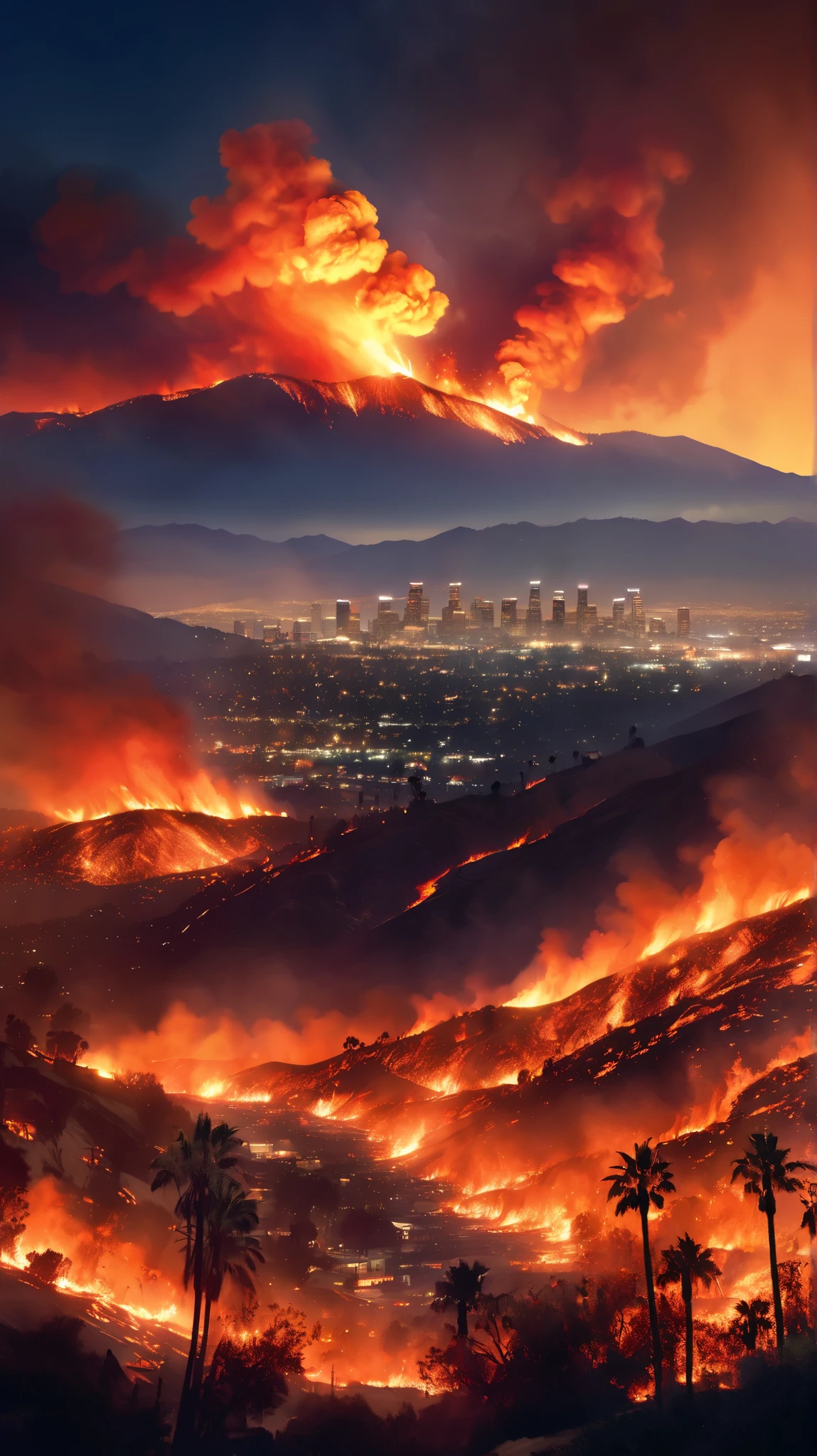 An intense and dramatic horizontal scene of the Los Angeles wildfire. The image should show the city skyline in the distance, partially obscured by thick, billowing smoke coming from the raging fires. In the foreground, towering flames engulf the hills, with vivid orange and red fire consuming everything in its path. Scorched earth and charred palm trees should be visible, with glowing embers floating through the air. The sky should be hazy with a fiery orange glow, creating a sense of destruction and urgency. The overall atmosphere should feel cinematic, powerful, and dangerous, with realistic lighting and a cybernetic style. the photo brings up many emotions associated with the current fires in California. The sun looms large behind the huge smoke.