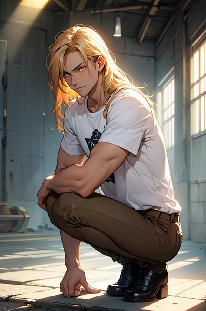 A muscular blonde haired man with blue eyes and long hair and a dark beard is working out in a gym in a t-shirt and shorts