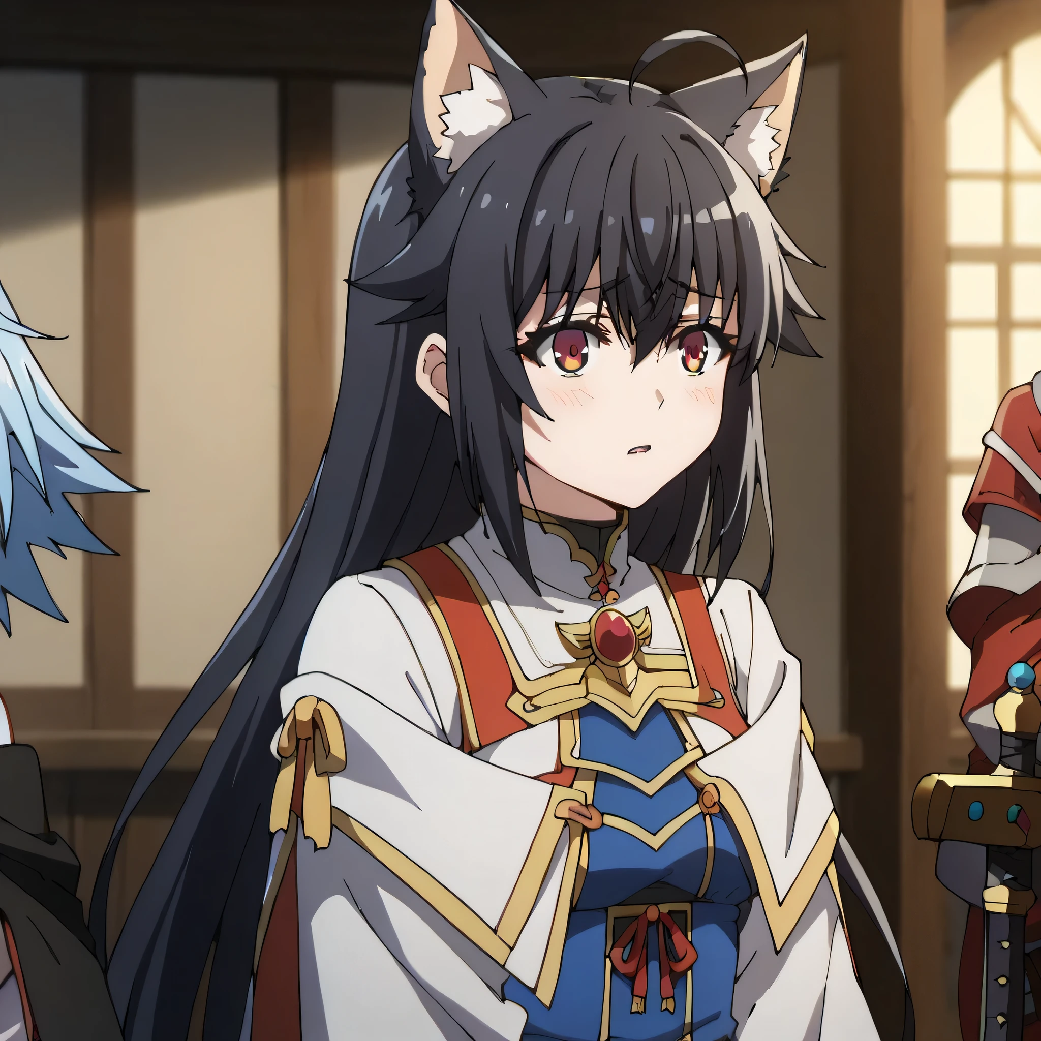 3girls, solo, masterpiece, anime, indoors,tavern, lighty armor, shoulder armor, black hair, long hair, fox ears down, skunk tail, ahoge, hair flaps, shy, hair over eyes, 1 girl, prietress outfit, red hair, 1 girl, sword fighter, blue hair