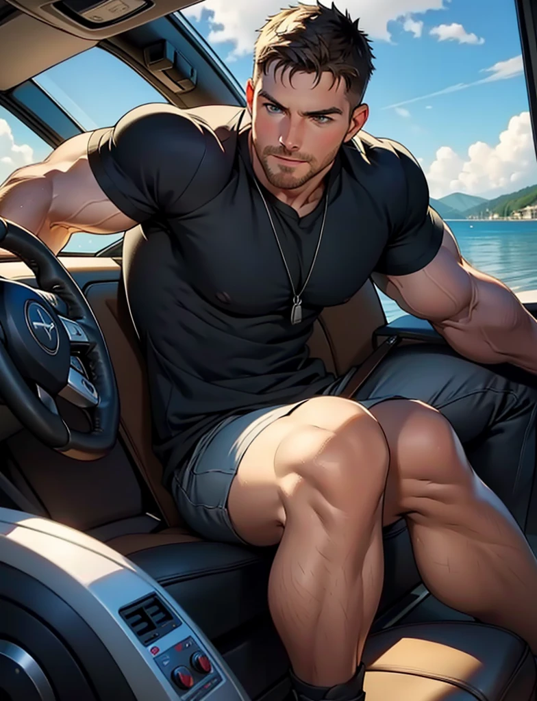 mature dark  blond hair man , well groomed facial hair , cut hair , 40 yo hunk and handsome  stephen amell in the backseat of a car, in golden hue low lighting, shirtless with only a red underwear , spread legs showing a bulge