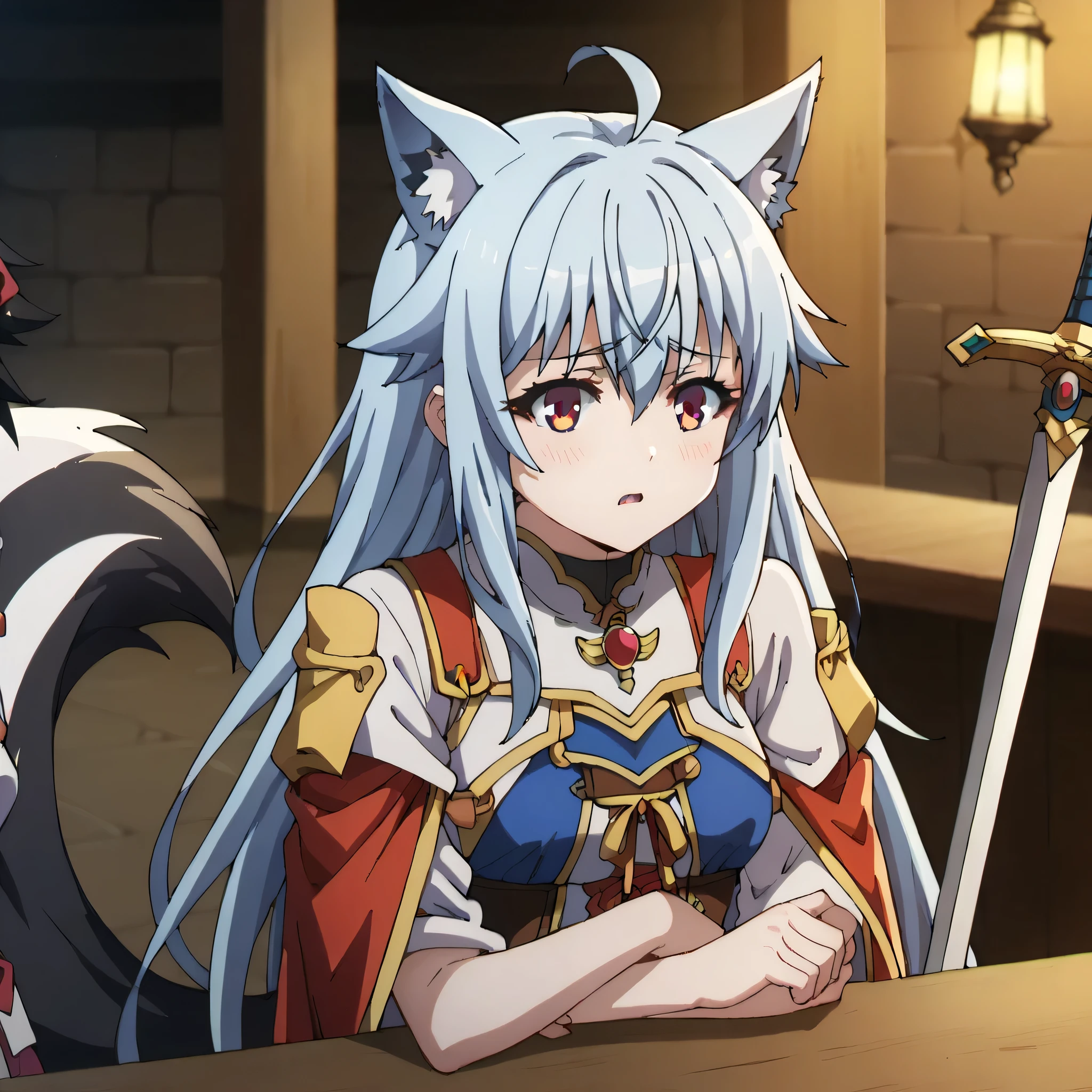 3girls, solo, masterpiece, anime, indoors,tavern, lighty armor, shoulder armor, black hair, long hair, fox ears down, skunk tail, ahoge, hair flaps, shy, hair over eyes, 1 girl, prietress outfit, red hair, 1 girl, sword fighter, blue hair