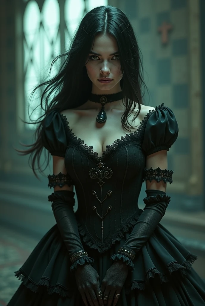 dark fantasy, gothic, disgust, contempt, authority, from below, dark dungeon, light spill, corset, intricate design, maxi dress, highly detailed face, expressive, side eye, tilted head, angle, chains,