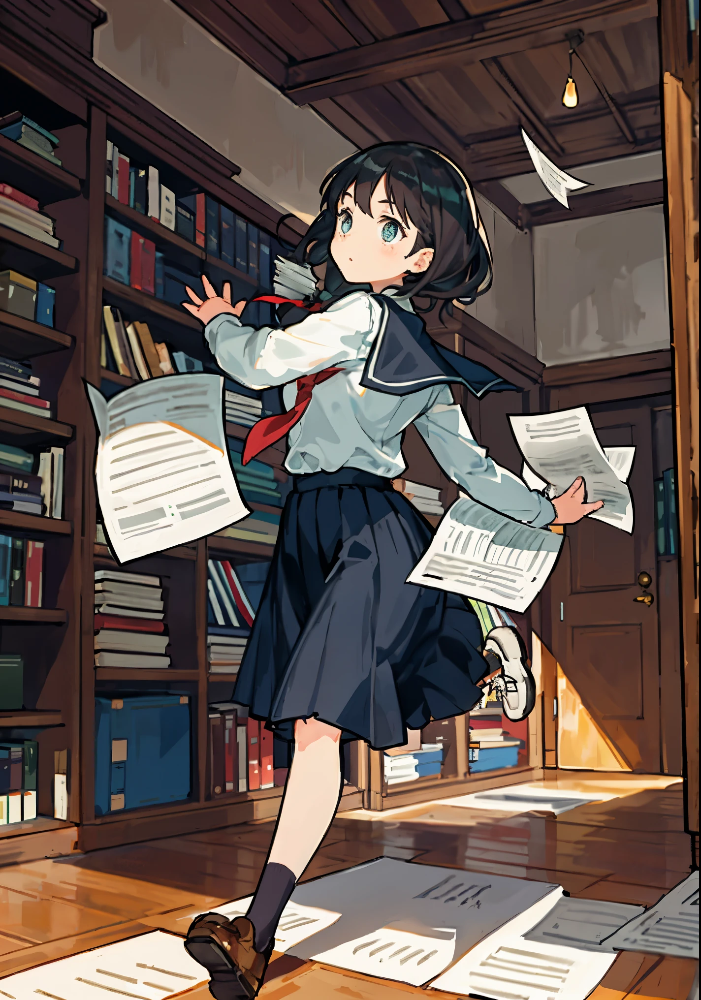 girl, big face,, at school, hurries somewhere , runs, Late, falls, the view is worried , falls, вне falls, books and paper