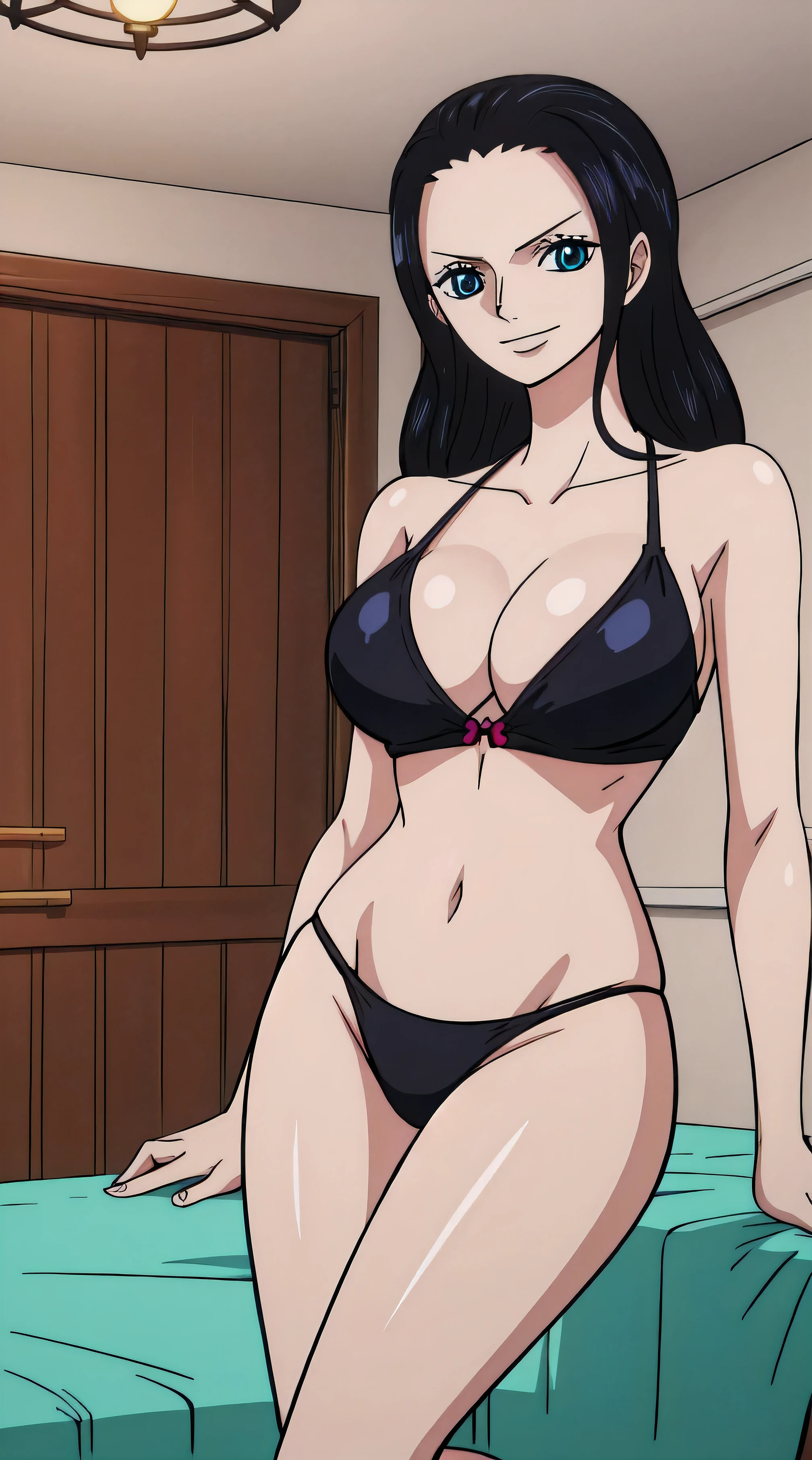 Nico Robin from one piece, black long hair, blue eyes, dark wide pupils, smile, big breasts, bedroom , big breasts , wide hips , mature female , milf , black bikini