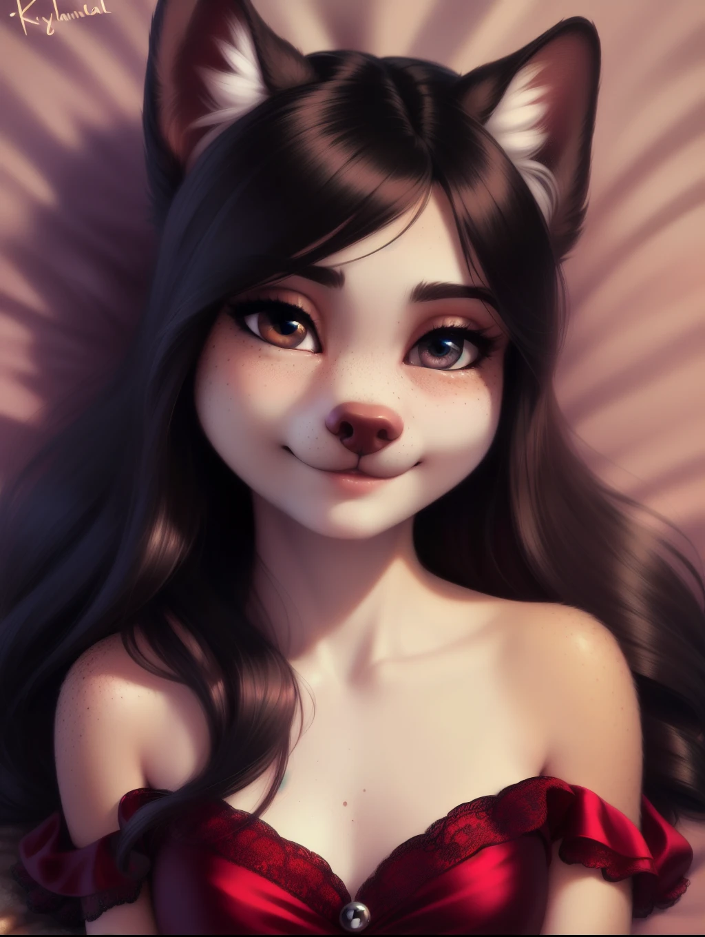 beautiful and detailed upper body portrait , ((young 13 year old anthro domistic canine, tight off shoulder sleeved dress)), anatomically correct, Schlank, Hochgeladen E621, detailed flauschige fur, (von Fluff-Kevlar, Iskra, personalami, Pino Daeni), 1girl, adorable, bedroll , 1girl, realistic, ultra sharp image, view from above, (solo), highly detailed, first person view, masterpiece, (lying on her back), flat chest, medium length hair, dark messy hair, perfect eyes, absurd resolution, cute snout, eyelashes, (kissy face), (Kissing mouth), young girl, detailed facial features, sharp focus, selfie, ((full body 1:2)), fluffy tail, blushing, lewd,