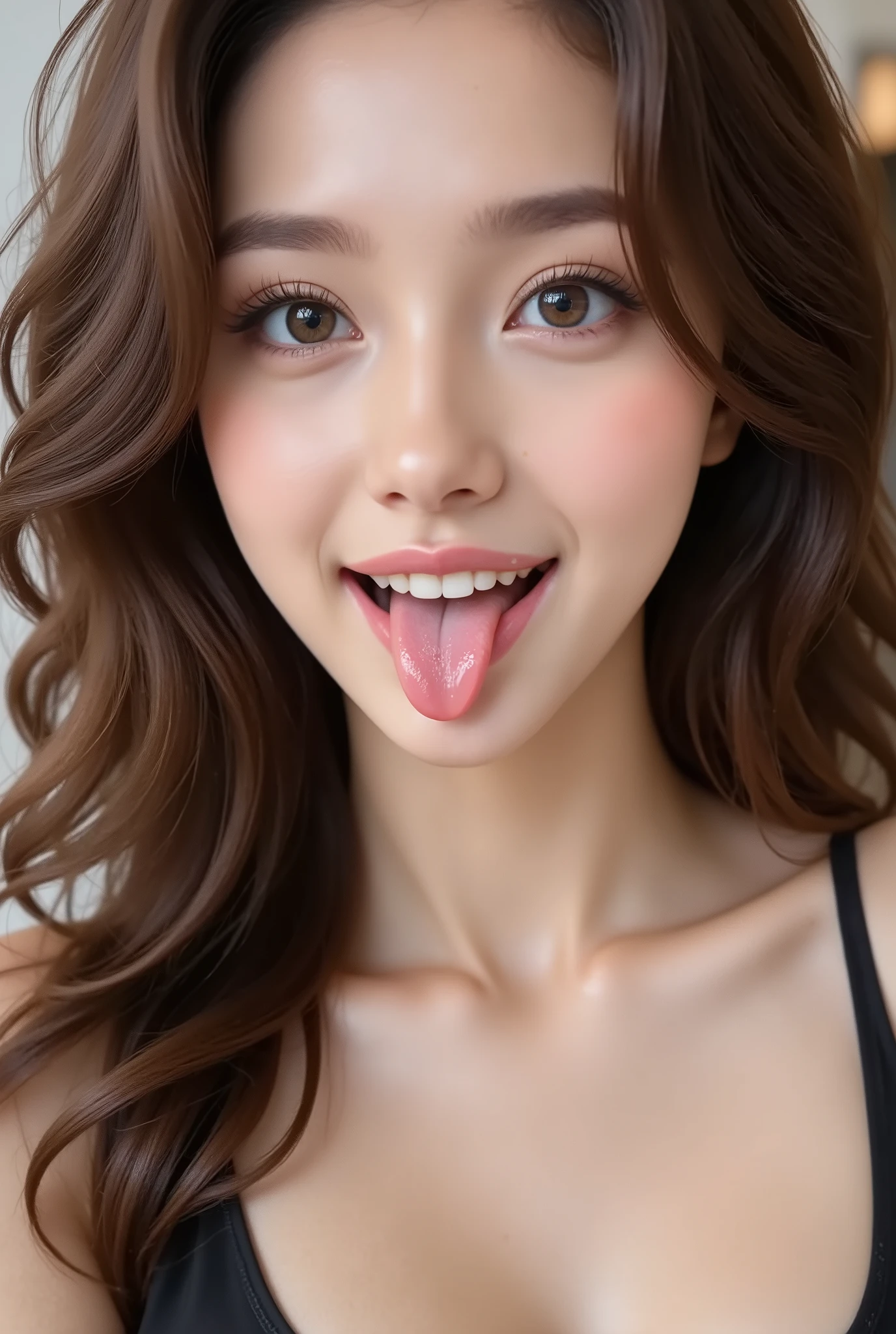 32k 8k super high image quality masterpiece, well-groomed face, realistic eyes, high brightness, real eyes, eyes wide opening, like in a photo, like real reality, focus on the face staring at us, smile, wet tongue, showing off your tongue, akkanbe, beautiful tongue, thick tongue, big tongue, happy expression, selfie
