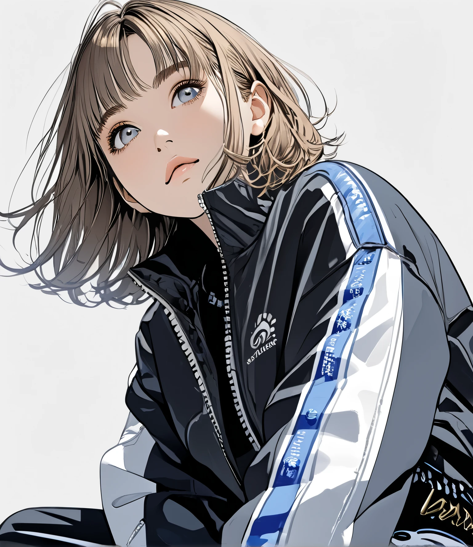 
((( Masterpiece)))、((     drawing 1girl     ))、(((8k)))、(sketch),(shadow)、(simple colored background),

(signature pose)、(dynamic pose),Age 18、((drooping eyes)),(Wisteria:0.1),((dark gray eyes)), (brown ash hair,gold highlight hair),(short shaggy hair style),((hair covering one eye))
,smile,(from below), looks away、View the depth of the writing


 ,winter Clothes 、(black and blue and white high-technology sports blouson),(white line black wide high-technology sports pants)  、(high-technology sneakers).

(Top Quality I   )、((high detail eyes)) ,((high detailed face))  、  detail texture  、View the depth of the writing,  (raise eyebrows) ,  fuzzy expression , 