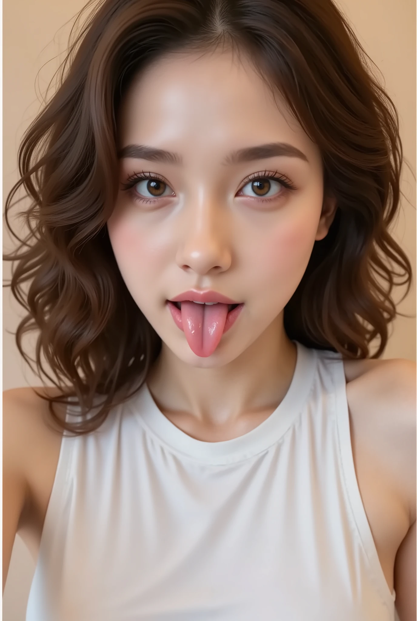 32k 8k super high image quality masterpiece, well-groomed face, realistic eyes, high brightness, real eyes, eyes wide opening, like in a photo, like real reality, focus on the face staring at us, smile, wet tongue, showing off your tongue, akkanbe, beautiful tongue, thick tongue, big tongue, happy expression, selfie