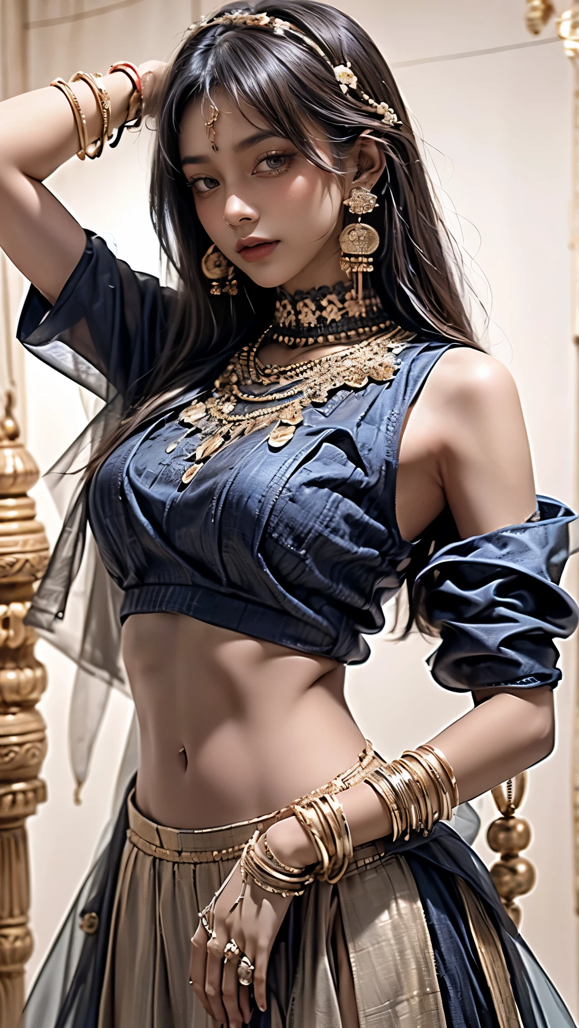 4K, UHD, masterpeice, 1 girl, good face, detailed eyes, detailed lips, very long hair, straight hair, very long hair, beautiful hair, hair ornaments, hairband, gradient hair, ((indigo lehenga)), ((bridal lehenga)), ((decorated blouse)), sardine, ((jwellery on lehenga)), ((indigo lace)), ((diamond bracelet)), ((pendant)), ornaments, necklace, earring, high lighting, ((bare stomach)), wedding stage, fujicolor, depth of field, ray tracing, ultra realistic detail,