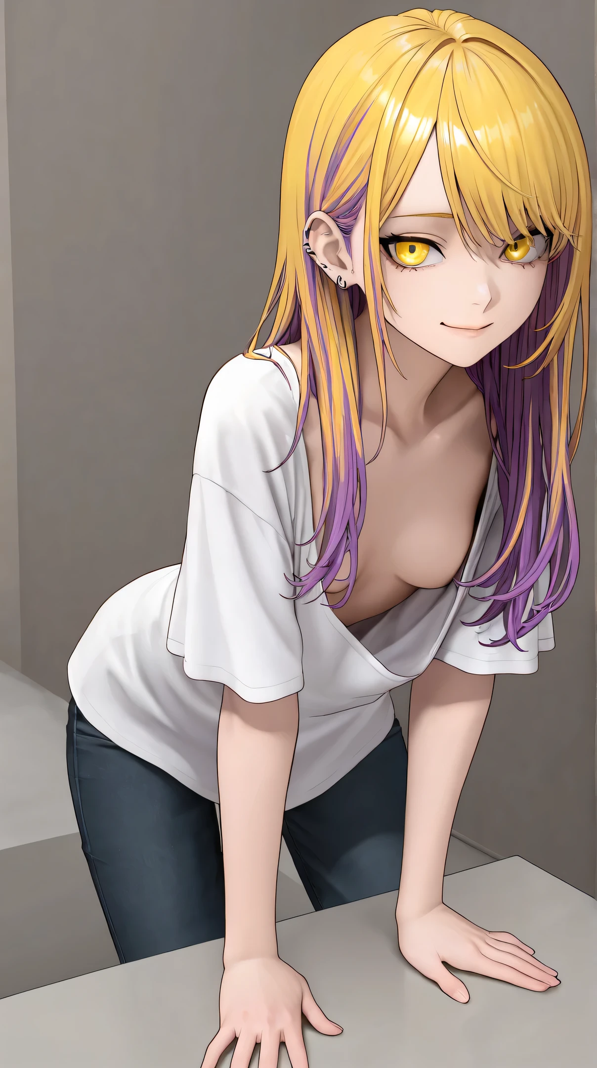 PORTRAIT OF woman 21 years old, with YELLOW eyes and violet hair, loose t-shirt, leaning forward, small breasts, blouse extended downwards, long hair, pretty face, woman with violet hair and yellow eyes, perfect face, serene face, disheveled hair, shiny hair, detailed hair, swampy hair, piercing look, isometric style, yellow eyes, ideal body, perfect eyes, princess look, perfect hands, clear highlights, perfect eyes, beautiful yellow eyes.