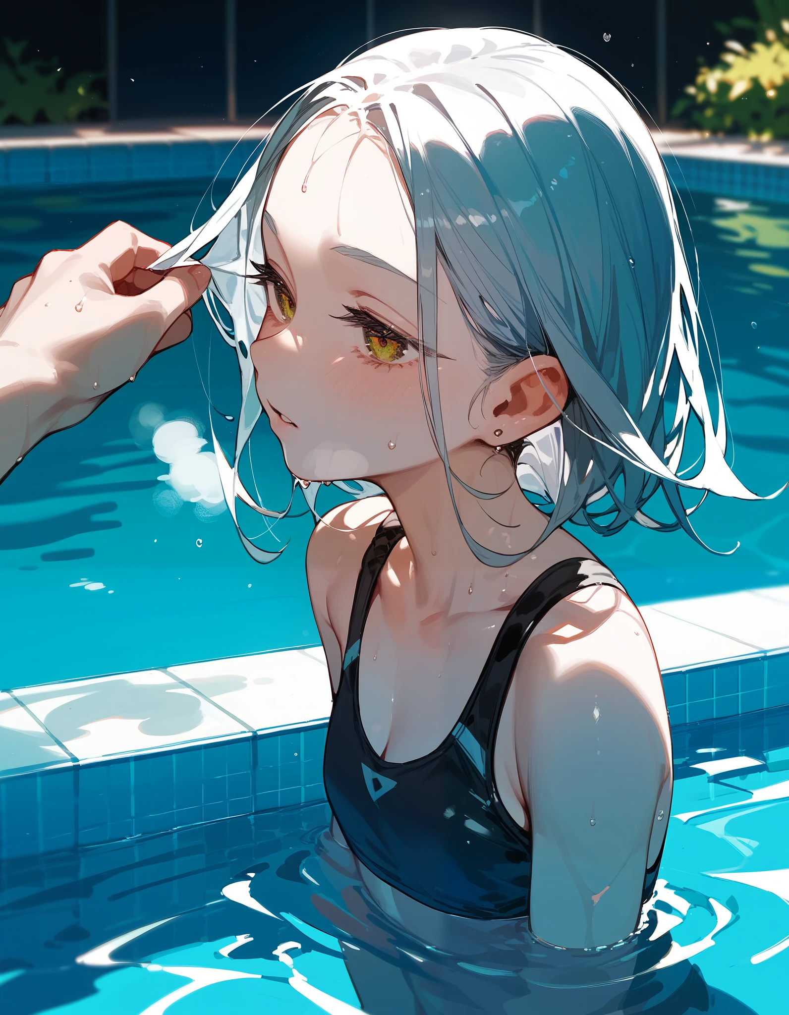 girl under water ,  girl at the bottom of the pool, held her breath , not breathing, view really trying 
