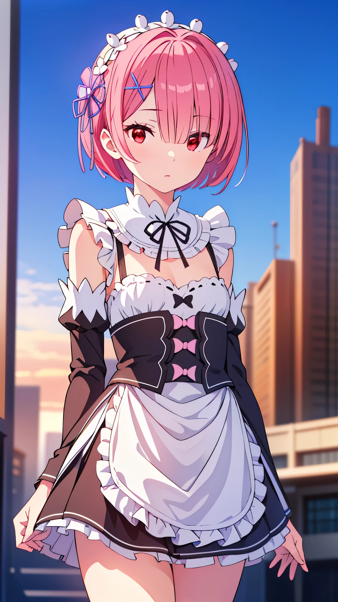 A close up of a woman in a dss with a pink hair(Ram (:zero)) rezeroRam, Ram, hair flower, hair ornament to hide chest with arms, hair over one eye , pink hair, ( Red Eyes:1.5), short hair, x hair ornament to hide chest with arms, bangs, blunt bangs, ( flat chest:1.2), break apron, black bow, black dress, black ribbon, bow, Separate sleeves, dress, frill apron , frilled sleeves, frills, Juliet Sleeves , long sleeve , Maid, neck ribbon, Fluffy sleeves, ribbon, roswaal mansion Maid uniform, thigh-length socks , two-tone dress, waist apron , white bow, white dress, white thigh-length socks , break outdoors, city, break looking at viewer, ( cowboy shooting:1.5), break (Masterpiece:1.2), best quality , high resolution, Unity 8K Wallpaper , ( illustration:0.8), ( beautiful eyes in every detail :1.6), very detailed face, perfect lighting, very detailed CG , (perfect hand, Complete anatomy),
