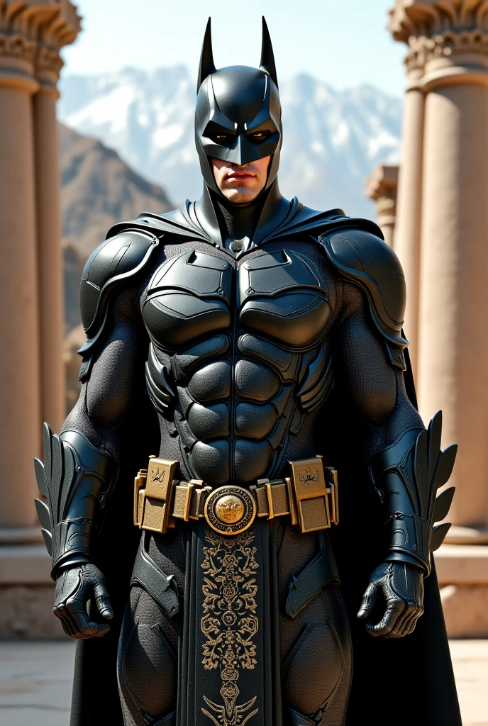 Batman wearing a simple cotton fabric, padded bodysuit with detailed stitching seams. Appropriate for the clothing style of 1939s. Black trunks over bodysuit. Purple gloves. Round gold belt buckle. Simple bat symbol on chest without ears: Photo realistic. 