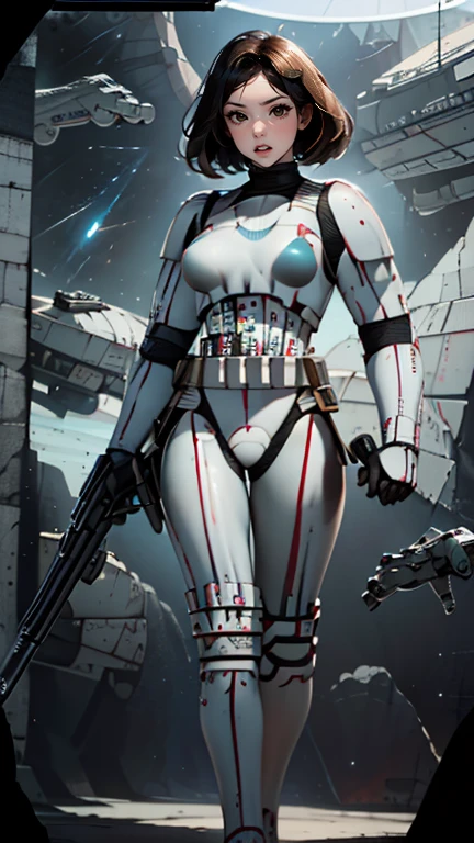 perfect hands, perfect finger,perfect anatomy, masterpiece, best quality,realistic, hyperrealistic, 16k hdr,1 mature female,,female StormTrooper in Star wars,armor,white full face helmet,damaged white armor,(large breasts:1.2),fighting pose,(holding blue Light saber:1.2)