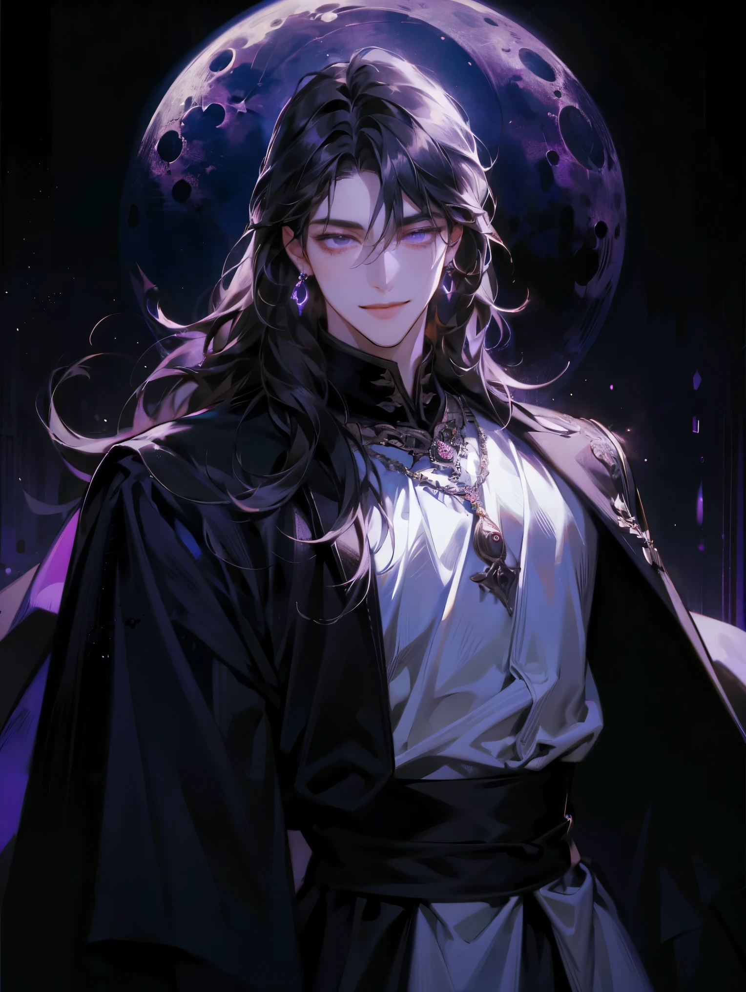 Illustration, best quality , pixiv illustration , VERY DETAILED, animation, ((( alone)) (male), 1인 male, dark hair , long haired , light lilac eyes, silver earrings, dark medieval background, dramatic lighting, LON CONTRAST PRINCE , white shirt , black jacket, colorful costume, Black clothes, detailed eyes, dark medieval background , does not have a purple hue , Big moon , moonlight leaking , Confident pose, smiling face , clear iris,