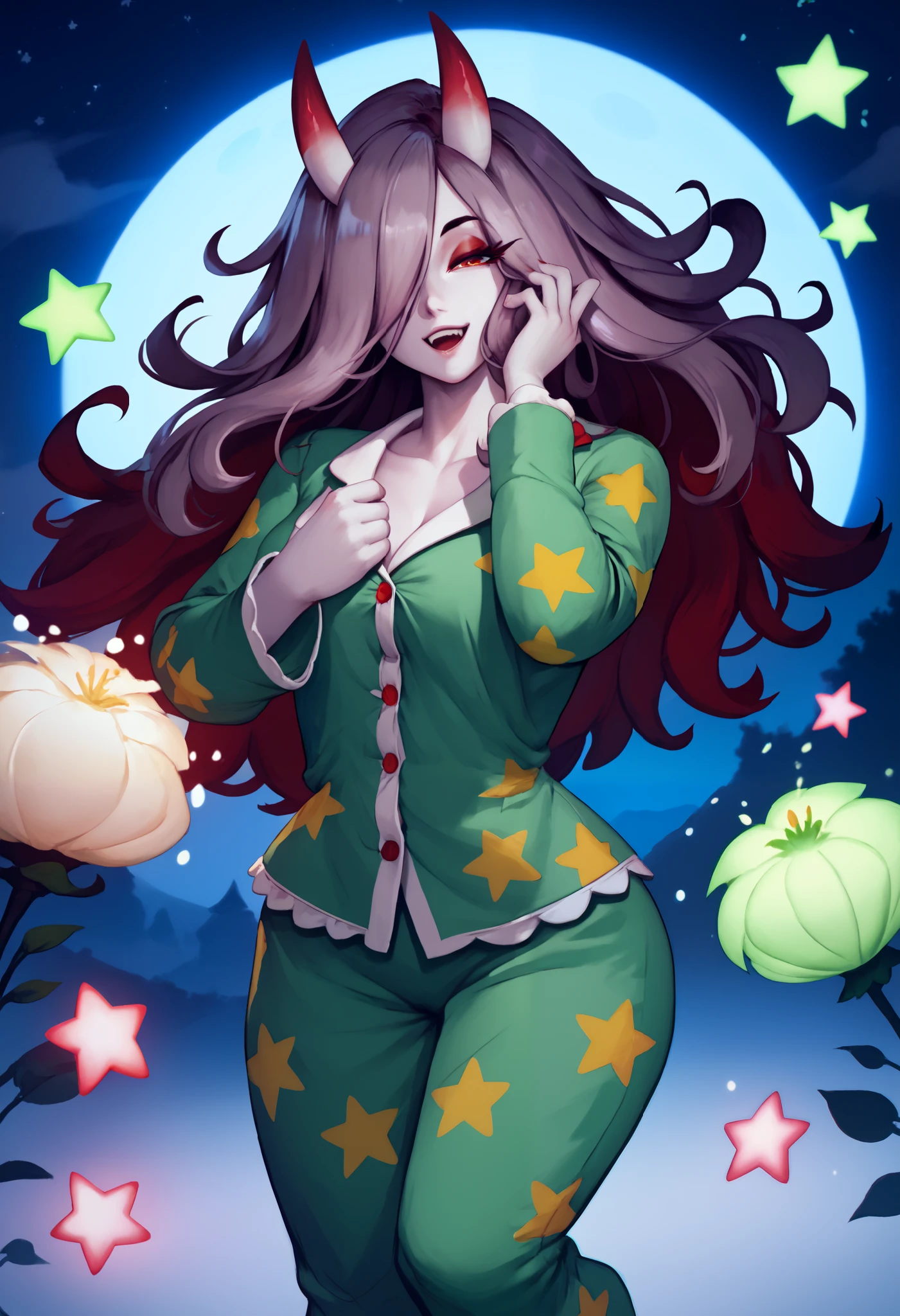 master masterpiece, 4k, highly detailed, night, bedroom, red and fern green palette, sucy manbavaran, oni, dasiwaoni, horns, oni horns, red horn color, solo female, dynamic pose, long hair, messy hair, happy expresion, cute face, 1girl, solo, pale skin, french grey skin, long hair, red hair, hair over one eye, half-closed eyes, red eyes, red eyeshadow, makeup, green pajamas, star pajamas