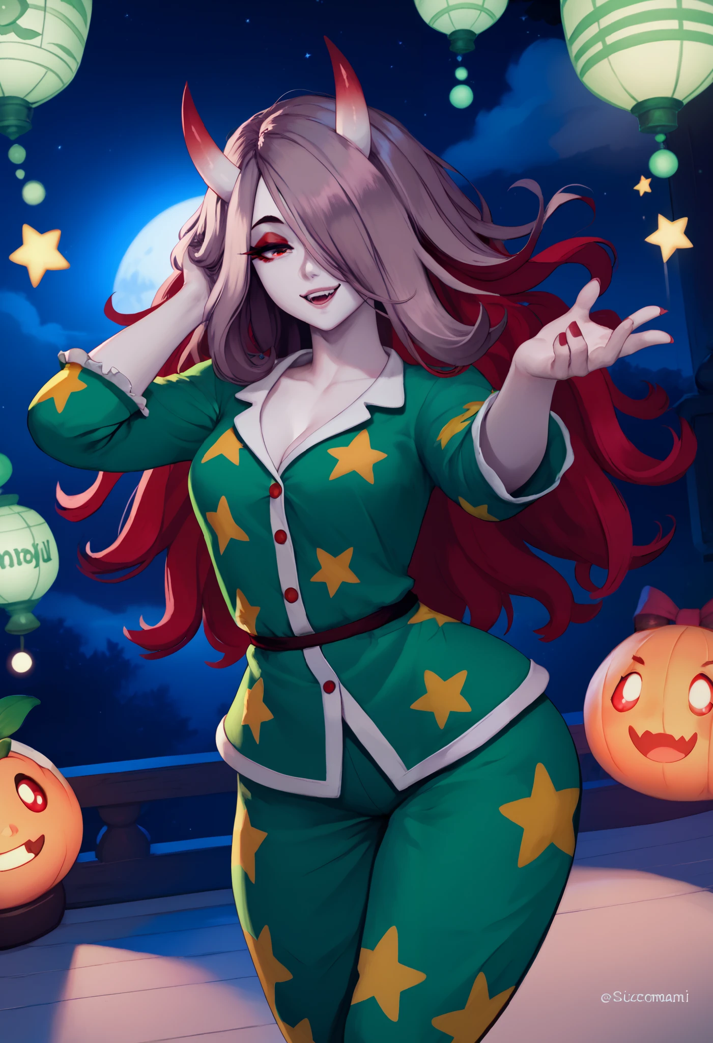 master masterpiece, 4k, highly detailed, night, bedroom, red and fern green palette, sucy manbavaran, oni, dasiwaoni, horns, oni horns, red horn color, solo female, dynamic pose, long hair, messy hair, happy expresion, cute face, 1girl, solo, pale skin, french grey skin, long hair, red hair, hair over one eye, half-closed eyes, red eyes, red eyeshadow, makeup, green pajamas, star pajamas