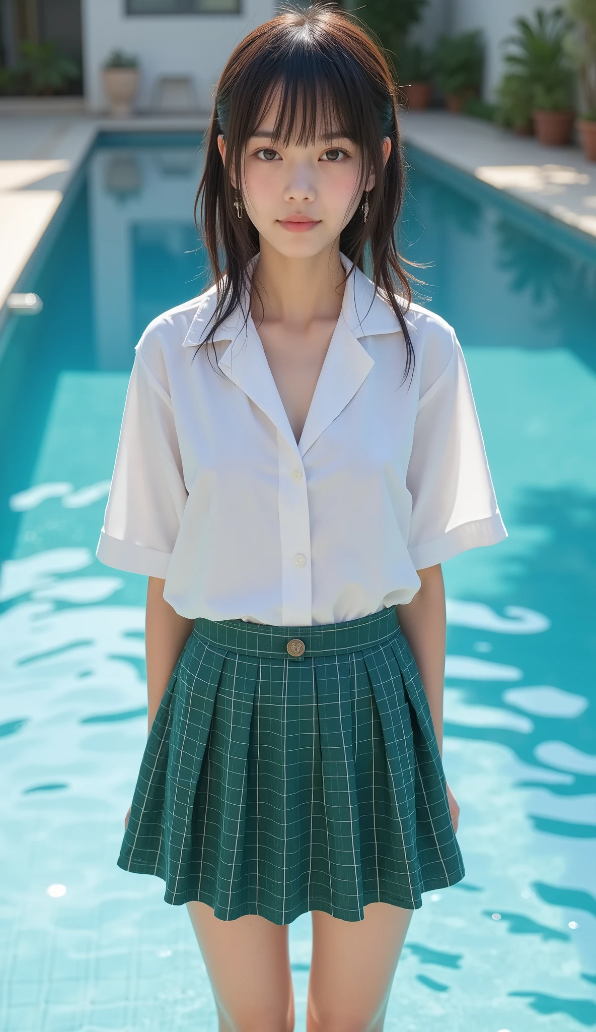 (photo)((anatomically correct)), japanese girl at poolside,all fours, face light,beauty face like actress,((wet clothes)),sticked butt out,height 155 centimeter,medium body,narrow shoulder width,(small breasts,cleavage:1.5), wide pelvis,short thin legs, (thick calves:1.3),view from front,head tilt,looking away, innocent face,ultra detailed face,rough style,tucked out style, tight white collared shirt in loose style,((shirt tucked out:1.5)),green checked medium length uniform skirt,high socks,shot from below,medium low ponytail,top of head,natural makeup