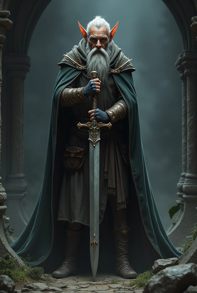 Tall, strong, thin rogue gnome with cape and elven sword

