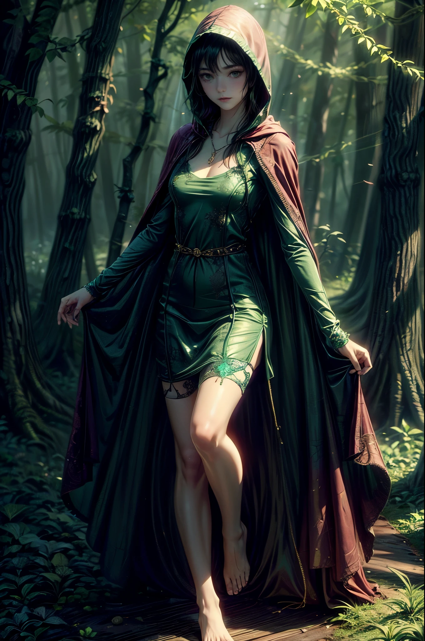 One girl, young girl, ((forest)), dark, gloomy, dense fog, wearing hooded cloak, revealing dress, barefeet, green eyes, flowers, vines, ((small breasts)), crystal, necklace, garter, green and black, detailed eyes, blush, semi realistic