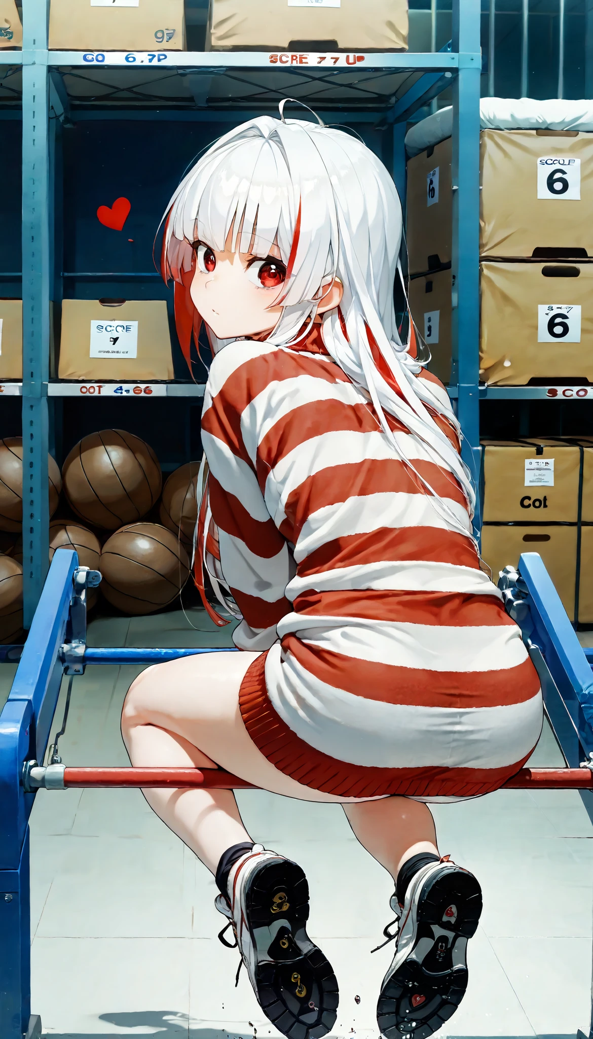 masterpiece , envelopes, very aesthetic , white hair with red highlights , red eyes looking at the spectator , white striped sweater , sexy ,heart, gym warehouse, looking back ,( Jumping colt ), balls,
