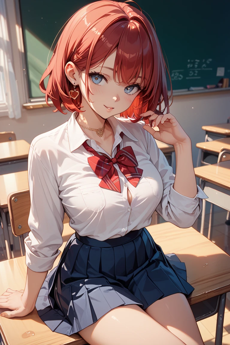 a beautiful 20 year old red haired woman with big messy hair, side ponytail, in a short plaid skirt, white stockings, transparent white dress shirt tied up in a knot, cleavage, navel, classroom setting, rossdraws cartoon vibrant, cute detailed digital art, colorfull digital fantasy art, digital fantasy art ), glossy digital painting, rossdraws pastel vibrant, rossdraws 2. 5, rossdraws 1. 0