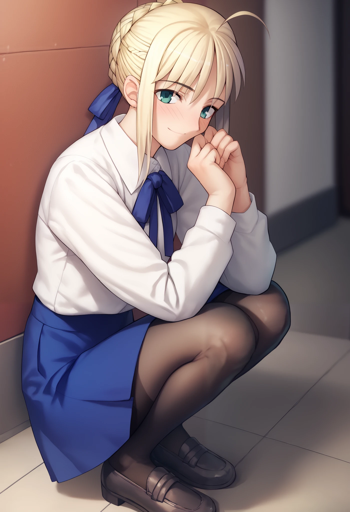 1girl solo, Artoria Pendragon , Artoria Pendragon (fate), to know,skirt, shirt, long sleeves, ribbon, white shirt, pantyhose, black pantyhose, blouse,( FOR THE AUDIENCE, blush,Smile),squat