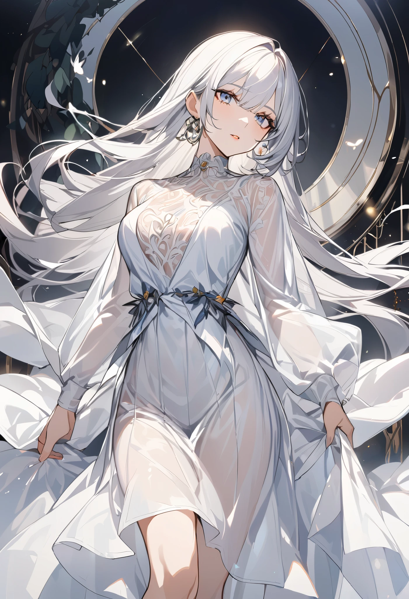 Long flowing white hair, expressive grey eyes, slim,elegant dress,8k, best quality, high resolution. 