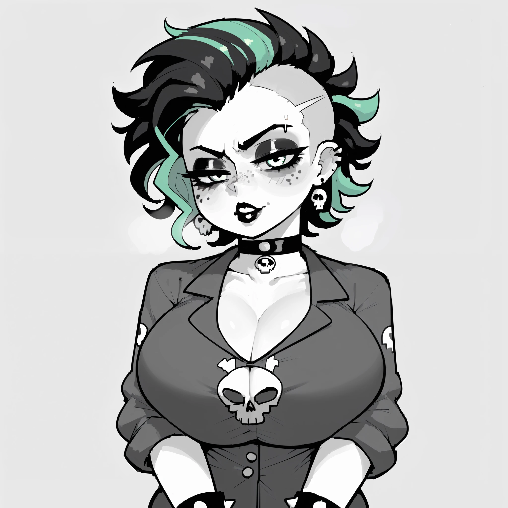 score_9, score_8_up, score_7_up, score_6_up, score_5_up, score_4_up, rating_explicit, Goth girl, choker, goth clothes, makeup, skull print, black goth pajamas, spiked bracelets, black hair, massive breasts, multicolored hair, Black Curly Mohawk hair, extreme close up, close up, Green highlights in hair, Green Irises, monochrome, greyscale, freckles on face, Grabbing POV