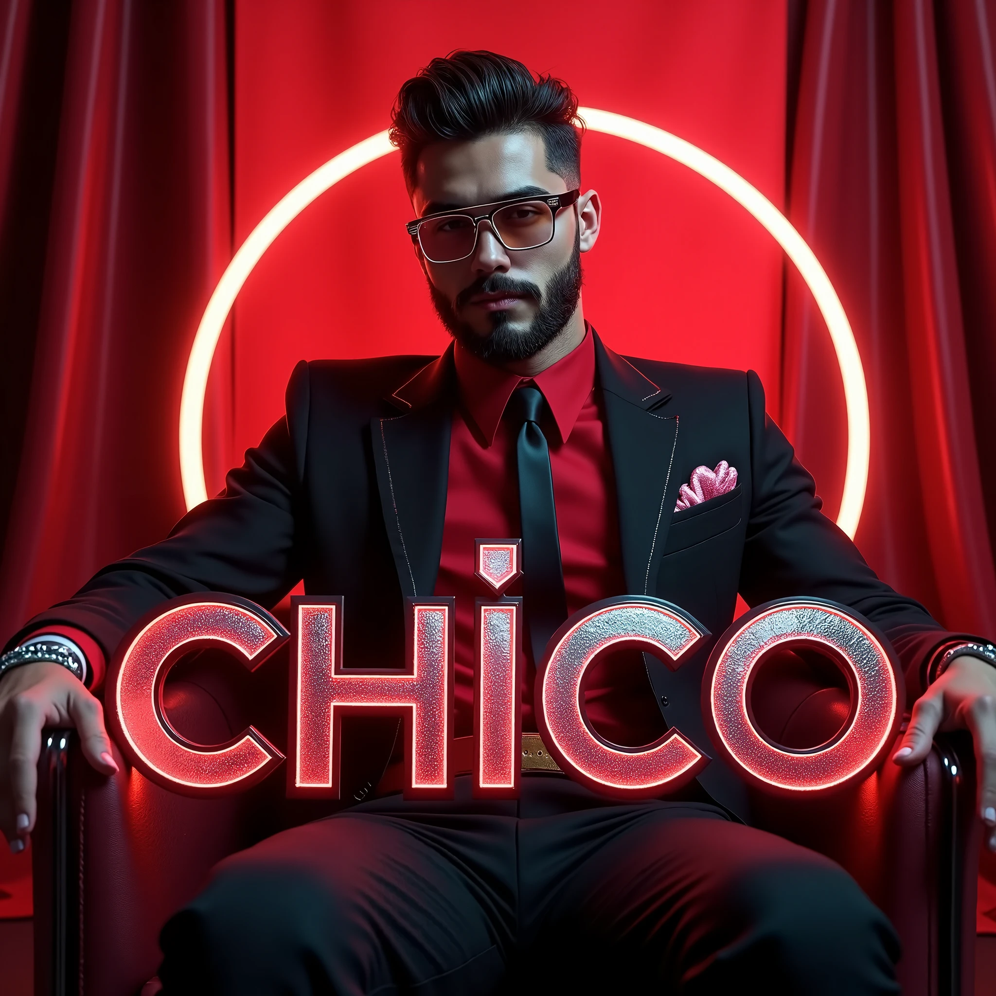 Create a 3D picture depicting a man casually seated on a white Wingback Chair while wearing a black suit, shoes. The man gazes forward, and the background showcases the words "SUPREMO" in bold gold capital fonts against a red wall with ace of card. Ensure there is no visible shadow, and include wings to create the illusion that he is an angel.