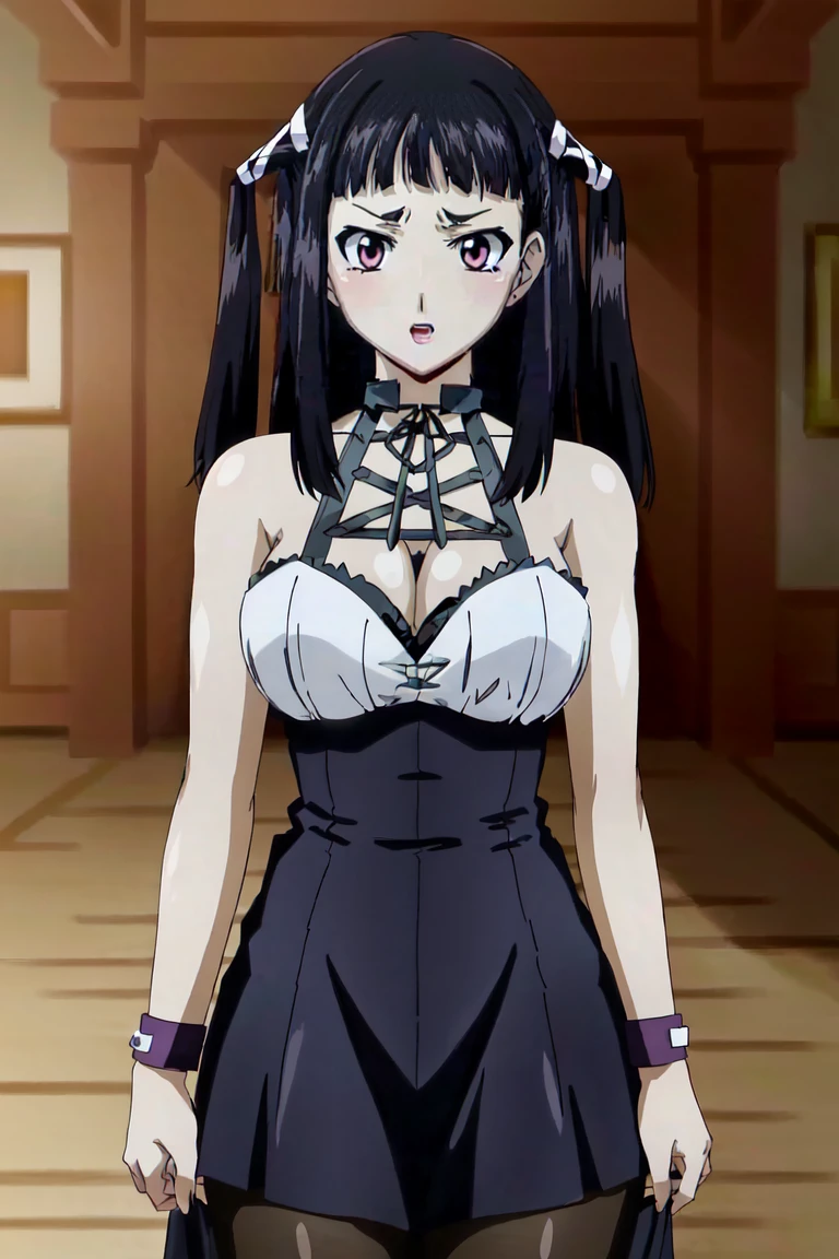 (highest quality, 8k, High resolution, masterpiece:1.2), Anime art style, Hyper Detail, himeragi yukina, Brown eye, Black Hair, Hair between the eyes, Medium Hair, 1 girl, Perfect Face, eye_Light_big,Small medium breast, Soft impression, alone, ((ninja:1.3),(fishnet-bodysuit:1.3), bare shoulders, detached sleeves, cleavage,thighhighs,(ninja sword:1.2),blush), Cowboy Shot,Observe the audience,