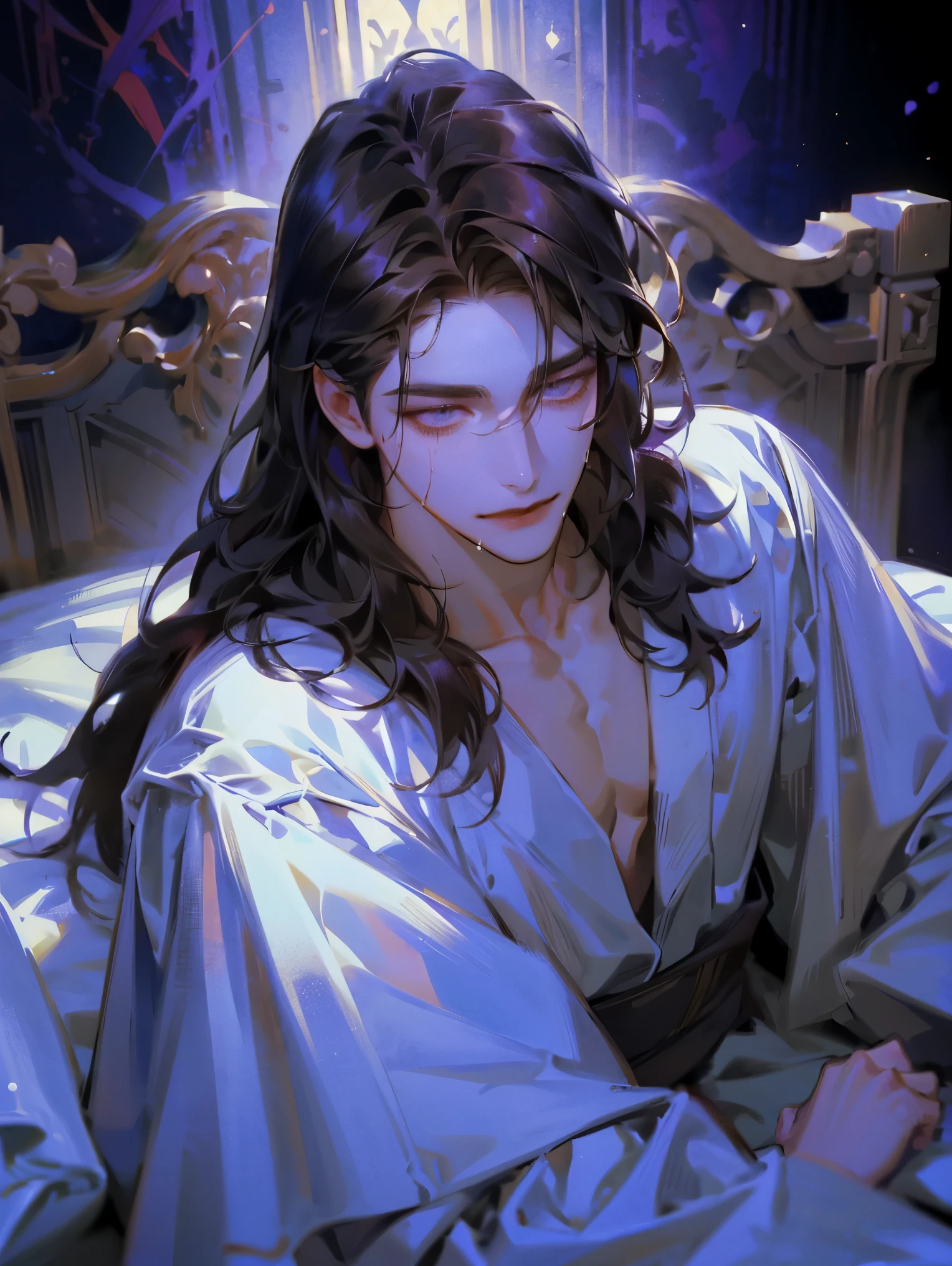 Illustration, best quality , pixiv illustration , VERY DETAILED, animation, ((( alone)) (male), 1인 male, dark hair , long haired , light lilac eyes, dark medieval bedroom background, white 3 person bed, dramatic lighting, LON CONTRAST PRINCE , Lying in bed wearing a white bathrobe . This is a scene of a man completely lying on the bed looking down from above. Man is lying in bed . detailed eyes, dark medieval background , After taking a shower , Wet hair , The man with a sluggish smile , clear iris, 35살 male, 터프한 male, male적인, The character , dark vibes, Upper body