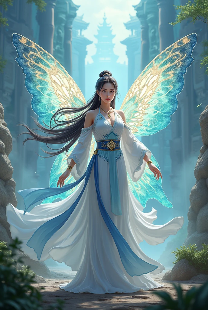 A color photo of a dance performance, featuring a beautiful angelic face that appears highly realistic, set against a backdrop of the mystical forest near the Cloud Palace and the Jade Pool in the Heavenly Kingdom. The dancer is wearing an elegant and flowing costume, with long trailing sleeves that resemble feathered wings. The dancer's movements are graceful and fluid, as if she is gliding through the air. The atmosphere is enchanting and ethereal, with the mystical sound of the celestial music filling the air. The photo utilizes specific camera settings, including a particular camera model, film type, and lens techniques. A collaboration of creative professionals from various fields will work together to uniquely capture the beauty and magic of the dance. —c 10 —ar 2:3 --auto --s2