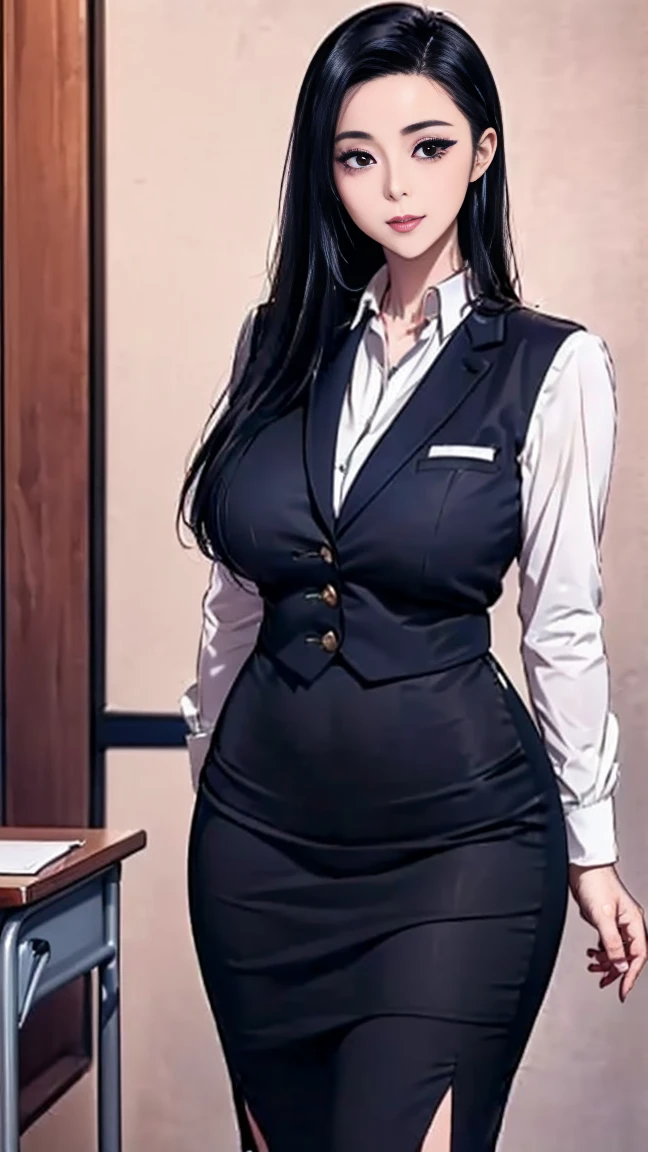 a woman, long black curly hair, glasses, suit, big breasts, in an office, serious expression, standing, curvy