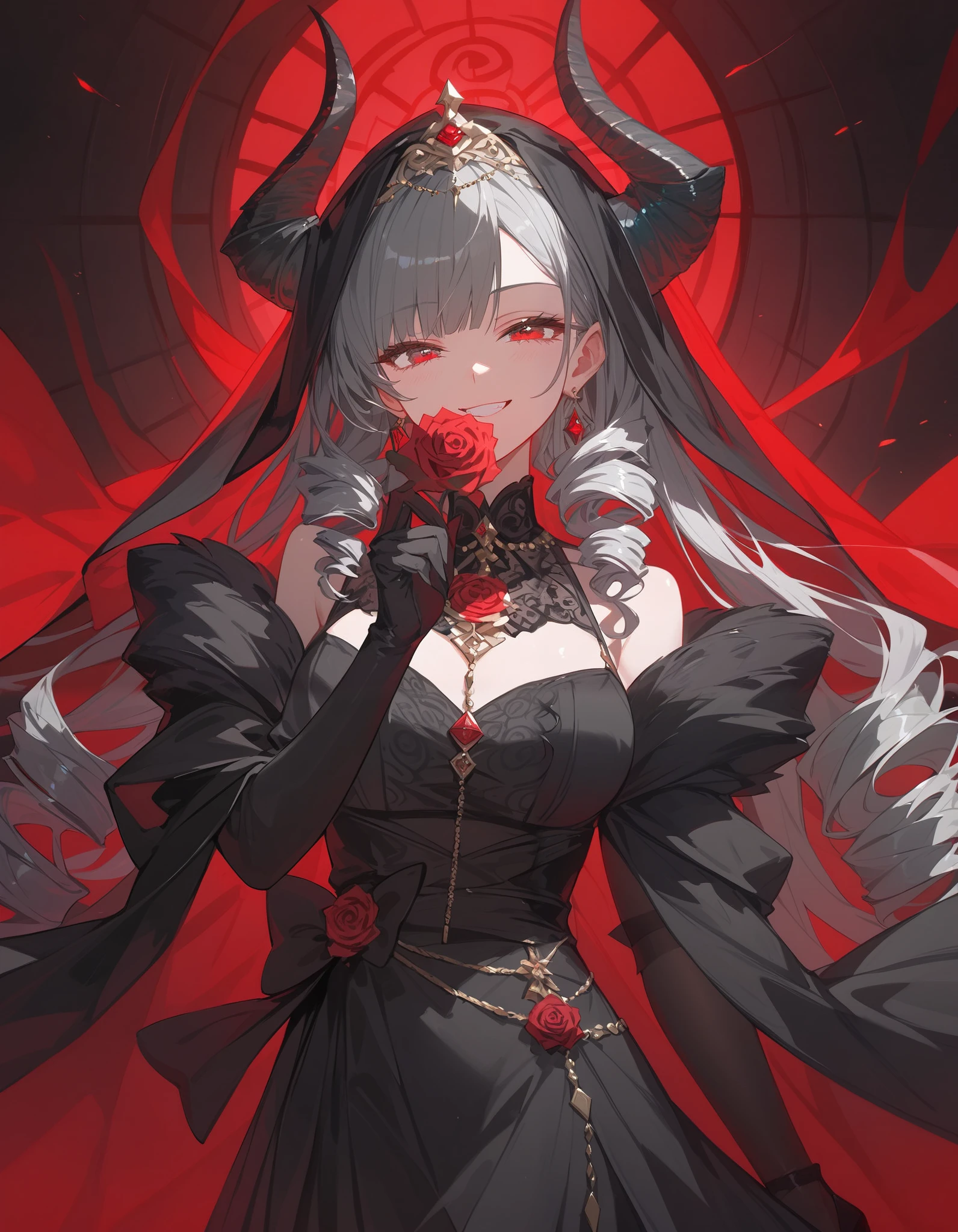 girl, in red eyes ,The devil,scary, black hair,deity, Long Sleeve Elegant Black Dress, black-horned,I tied my hair, villains, medium chest,Thin,,cute,อมsmile, he's a spiral. Drill ,Multi-colored hair, black hairเยอะ,Slightly gray hair,Long hair,, Black Shawl , Color veil with black fur,Long height ,milf, , black pantyhose,Red Right Sleeve ,swain, black gloves,He Long ,Rose color dress ,Hands close one eye.,smile,hand on eyes