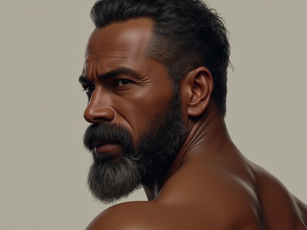 Man aged 30 to 40, native, dark-skinned, masculine features, muscular