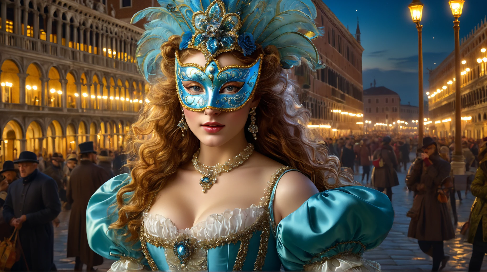 (a girl wearing a traditional Venetian mask),(best quality,highres),detailed face,beautifully decorated mask,colorful feathers,fine craftsmanship,ornate patterns,sparkling jewels,mysterious ambiance,artistic portrayal,soft lighting,vibrant colors,venetian carnival,classic beauty,traditional costume,luxurious fabric,elaborate headpiece,masquerade ball,lively atmosphere,graceful posture,lots of movement,celebration and excitement,historical setting,romantic canals,reflection in the water,gondolas passing by,elegant architecture,moonlit night,enchanted feeling,mask worn by aristocrats,whispered secrets,mystical allure,unique and captivating imagery.