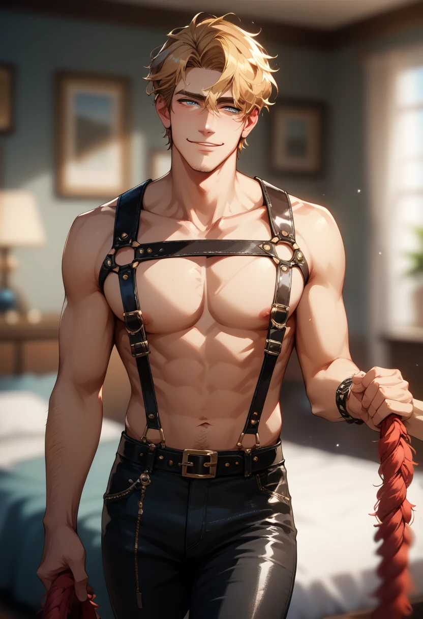 ((((((1boy)))))), fluffy blonde short hair, wolf ears, wolf tail, slim figure, ((pale skin)), sky blue eyes, joyful, big thighs, lingerie, big butt, fangs, slim waist, lean figure