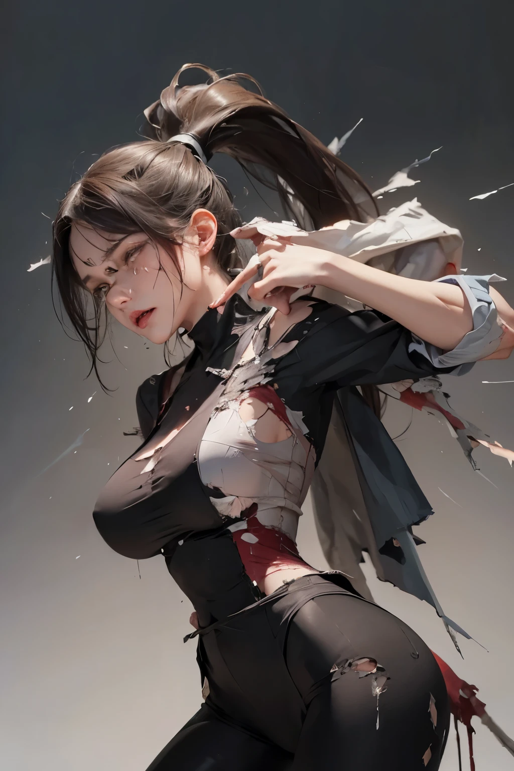 Masterpiece, Beautiful woman, Young woman, Long high ponytail, Tight clothes, Big breasts, Painful expression, Front view, Head held down, Beaten, Blood, Tears,((torn clothes:1.5)),