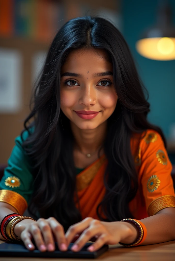 a woman wearing sharee, leaning slightly on the railing of the open balcony and looking outside, open black hair, hair flowing with air, side view, some green small trees