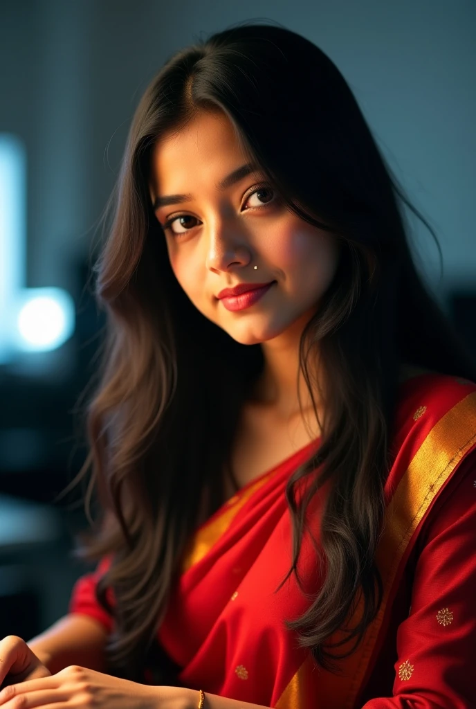 a woman wearing sharee, leaning slightly on the railing of the open balcony and looking outside, open black hair, hair flowing with air, side view, some green small trees
